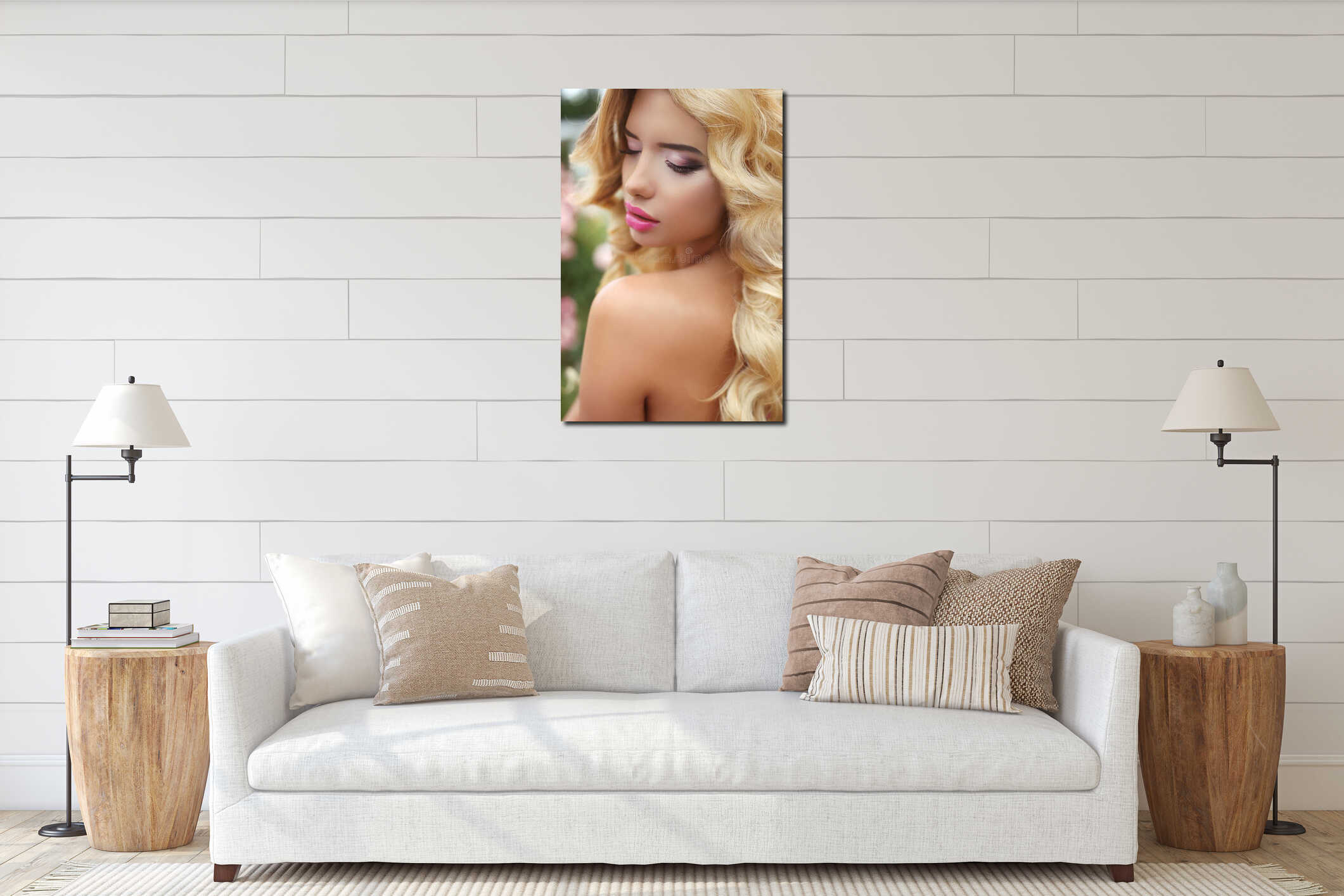 Makeup. Beautiful girl with blond long wavy hair. Fashion model interior mockup