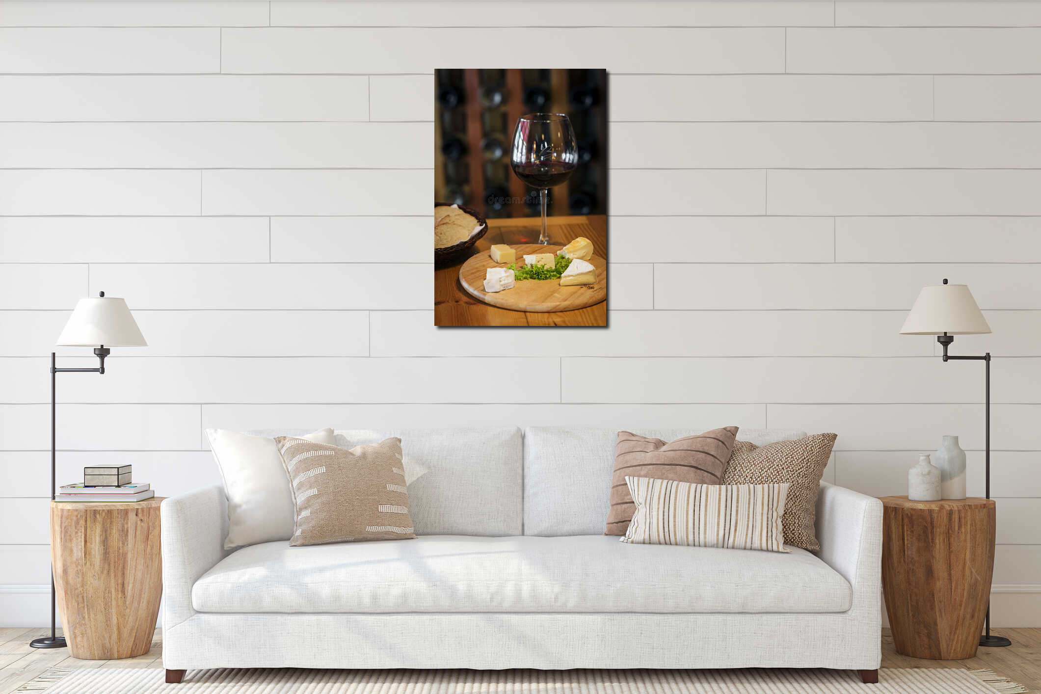 Mixed french cheese platter with bread and wine interior mockup