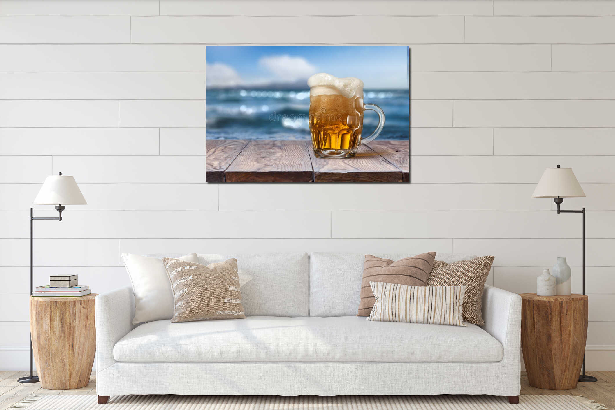 Glass of beer on wooden table with sea on background interior mockup