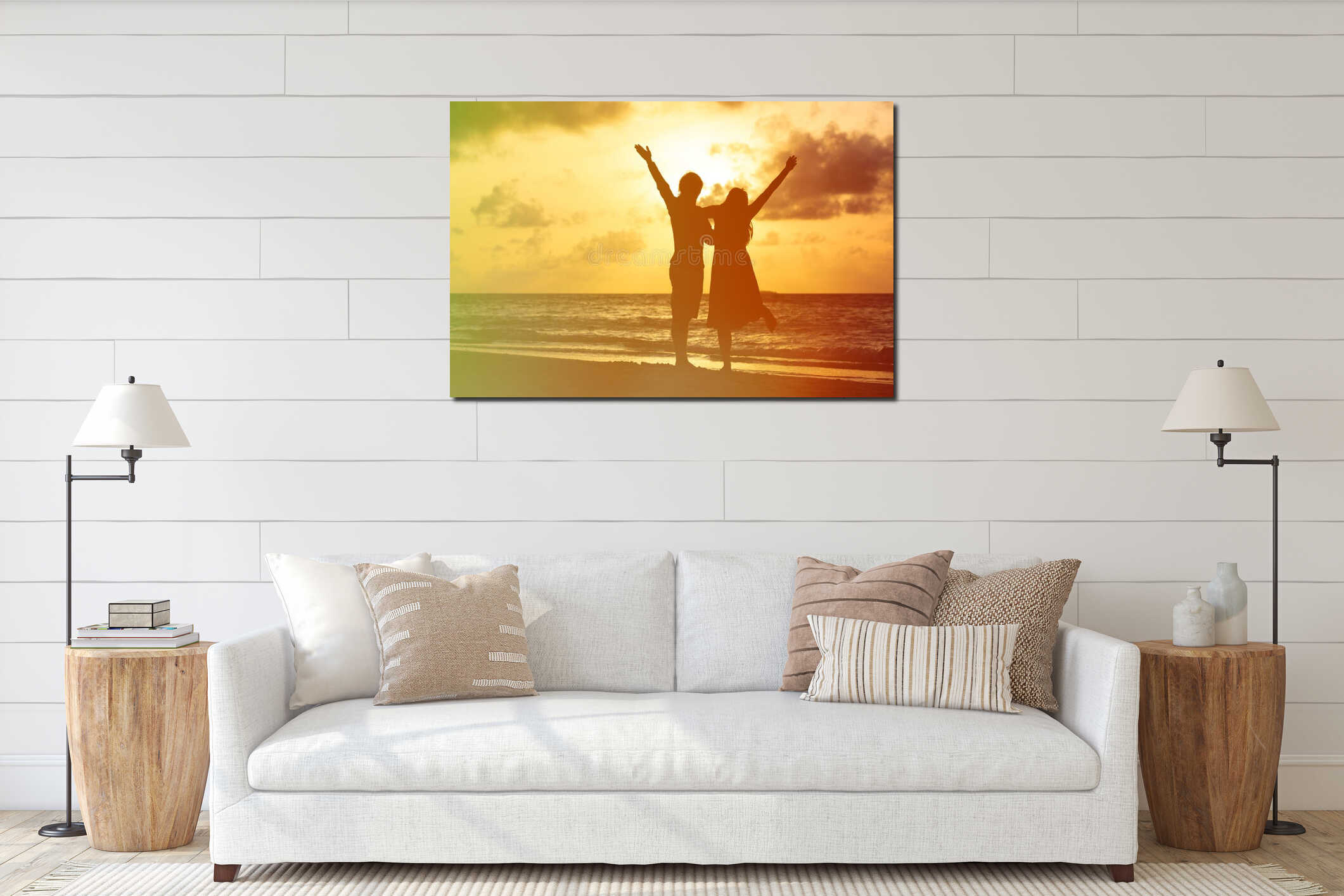 Happy young romantic couple at sunset interior mockup