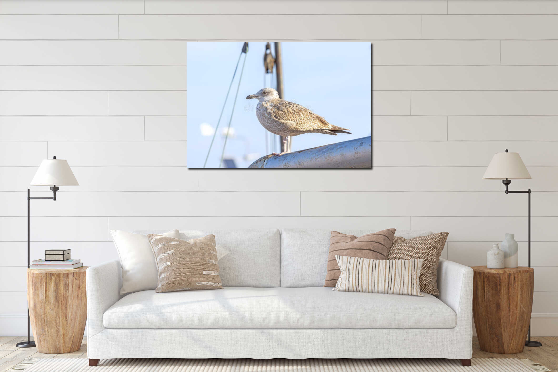 Seagull standing on a mast in the harbor interior mockup