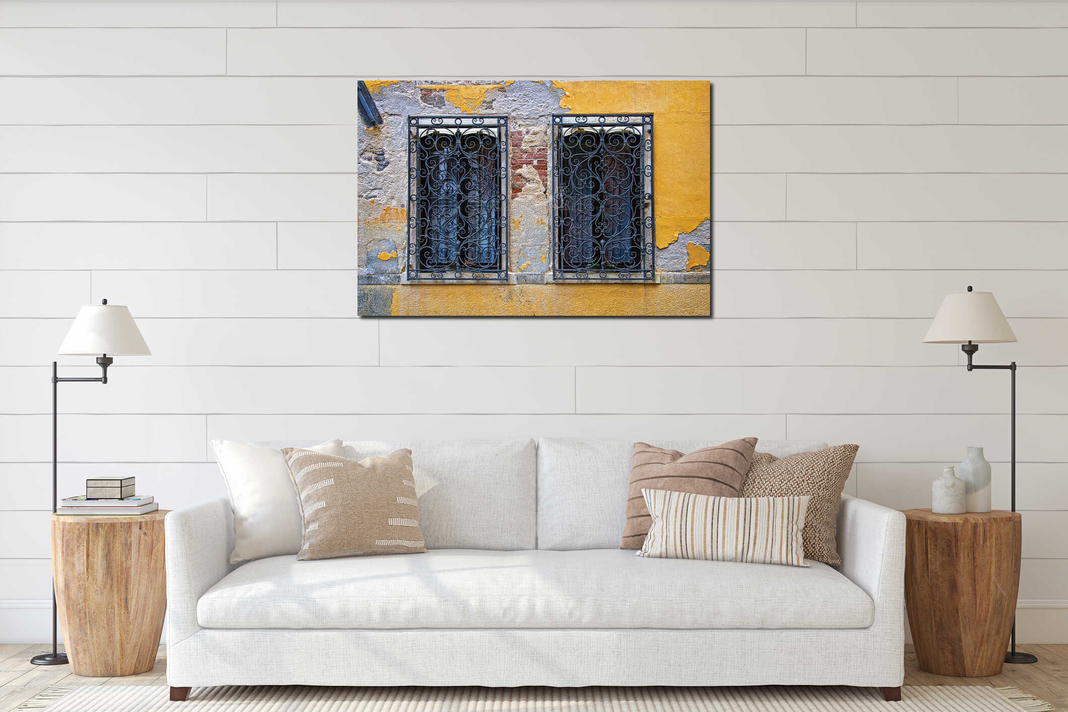 Two windows in a yellow old wall, Venice interior mockup