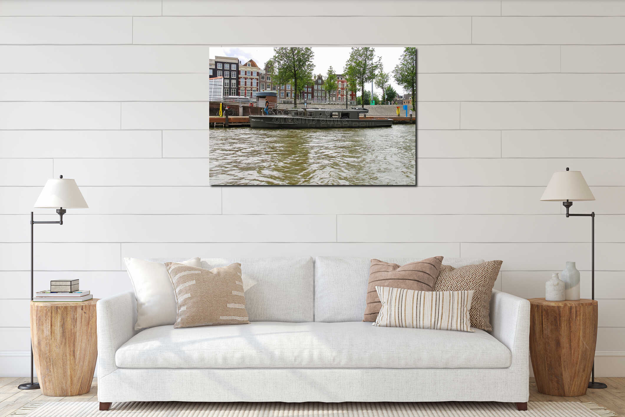People on the dock landing on river cruise ships, Amsterdam, Net interior mockup