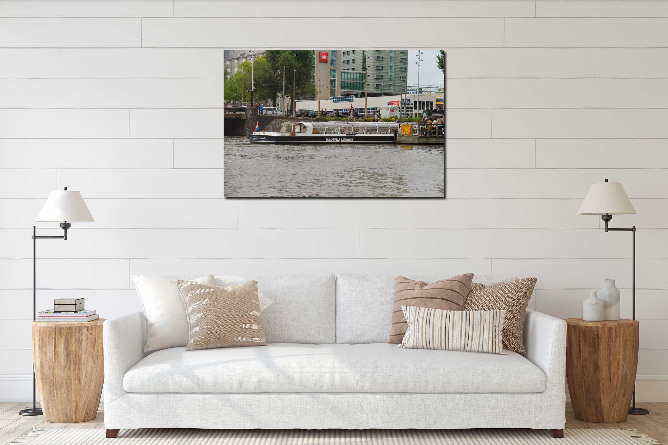 People on the dock landing on river cruise ships, Amsterdam, Net interior mockup