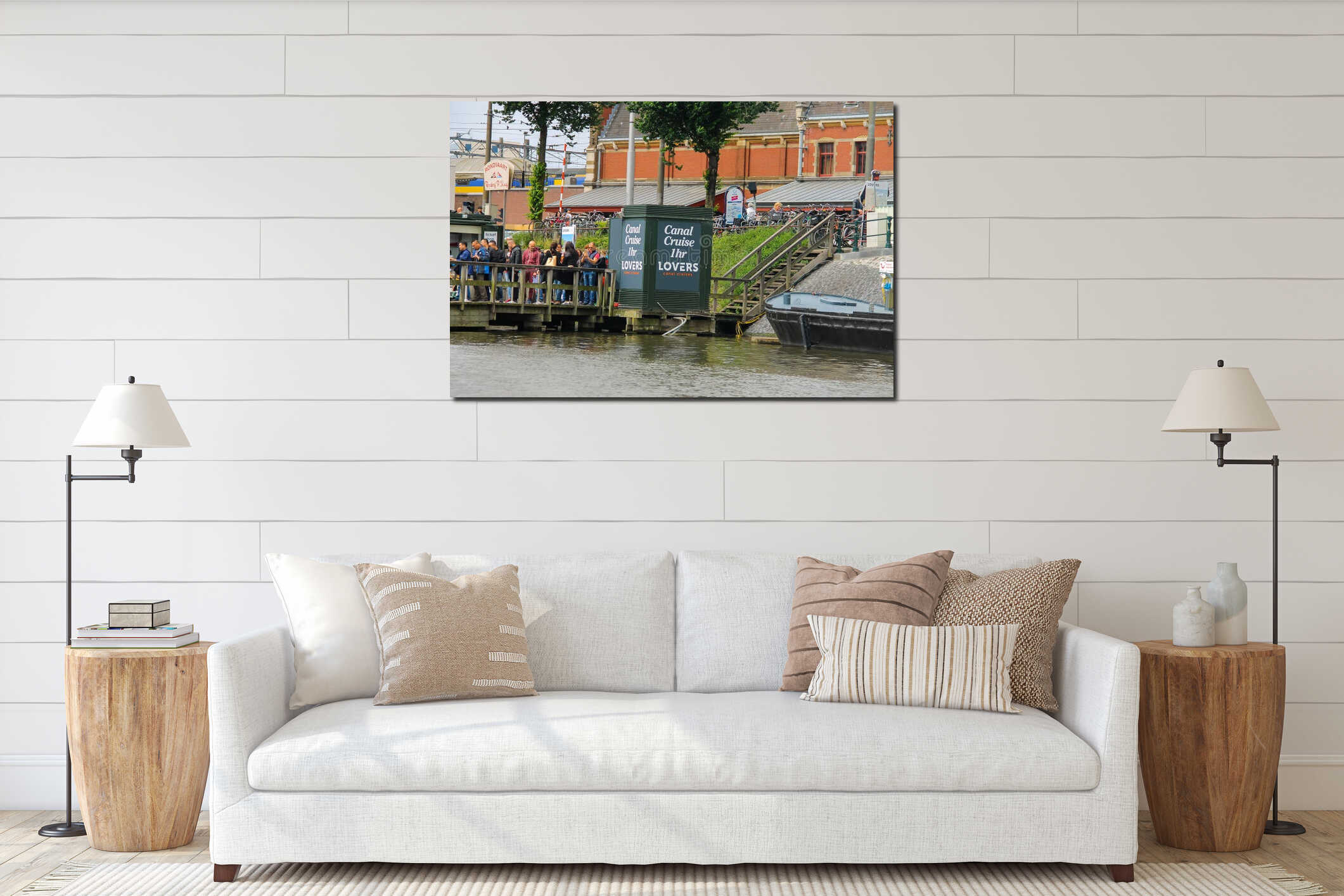 People on the dock landing on river cruise ships, Amsterdam, Net interior mockup