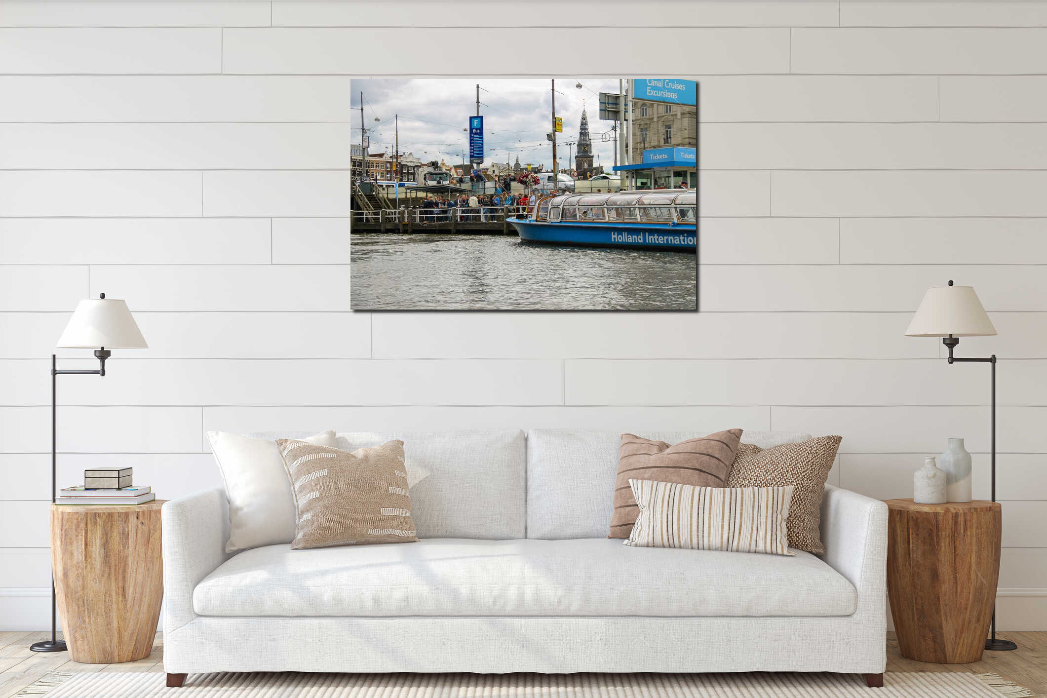 People on the dock landing on river cruise ships, Amsterdam, Net interior mockup