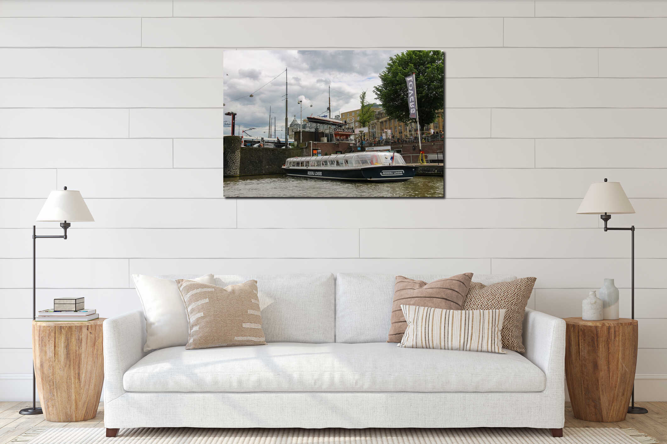 People on the dock landing on river cruise ships, Amsterdam, Net interior mockup
