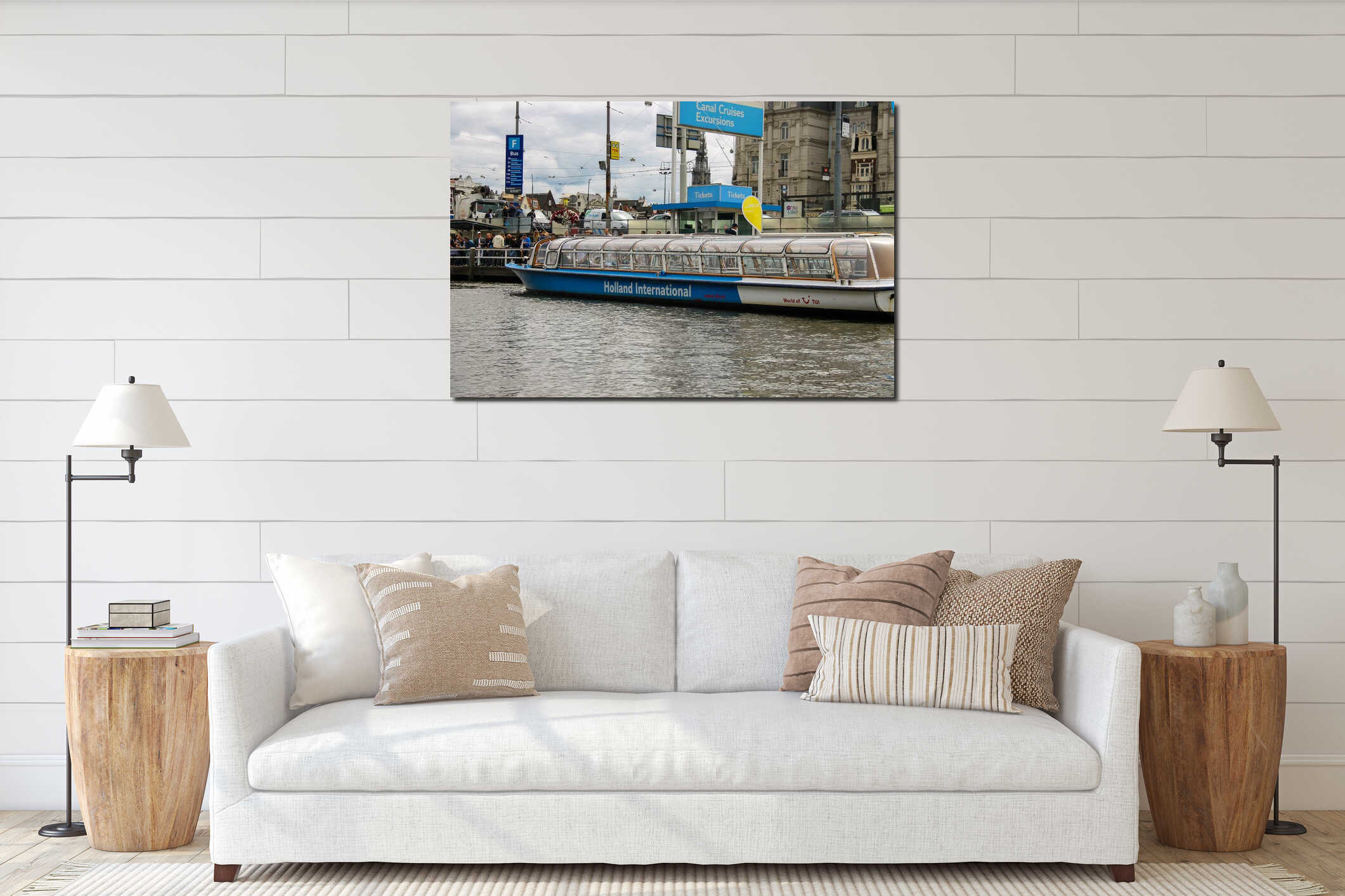 People on the dock landing on river cruise ships, Amsterdam interior mockup