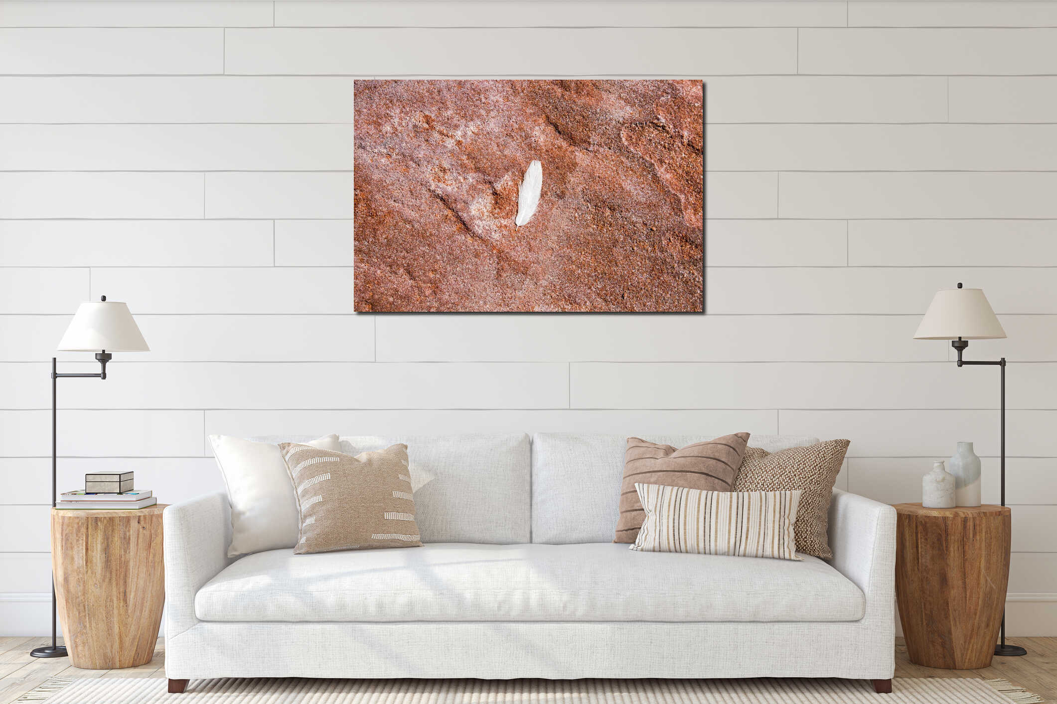 White feather on red rock in Australia interior mockup
