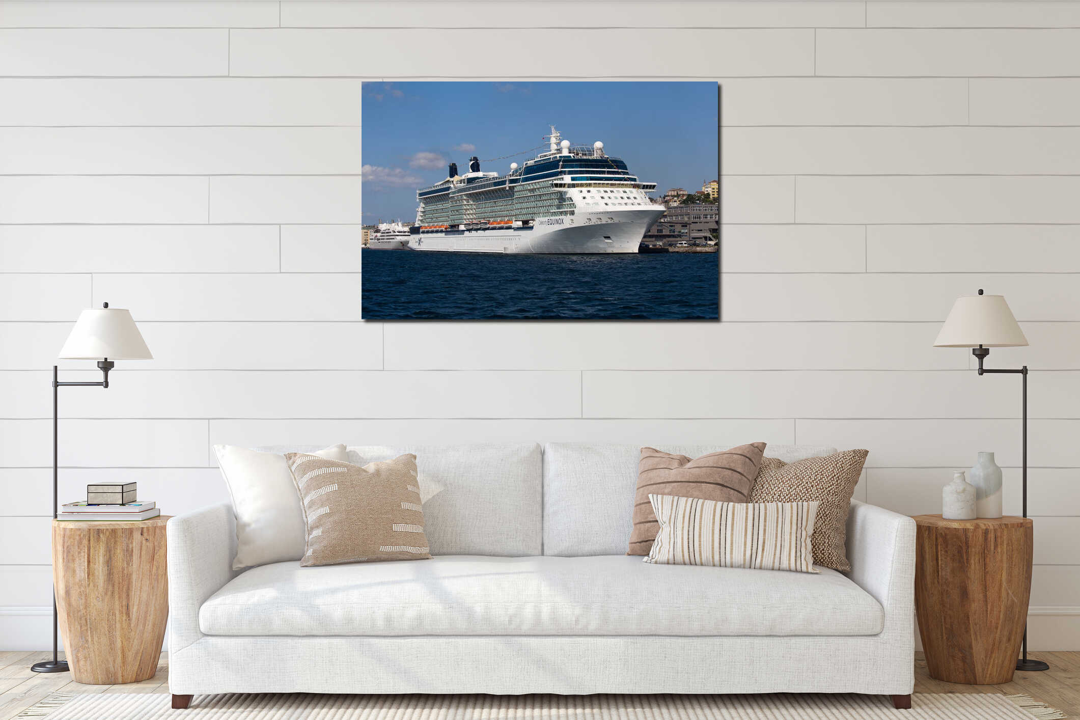 Cruise ship, Galata Tower and water Golden Horn bay. Istanbul, Turkey interior mockup