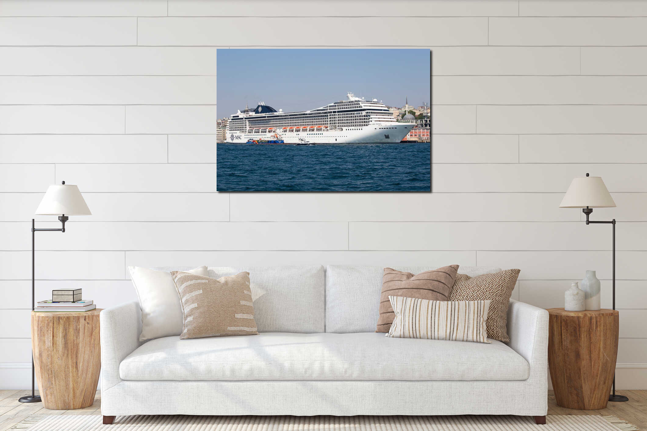 Cruise ship, Galata Tower and water Golden Horn bay. Istanbul, Turkey interior mockup