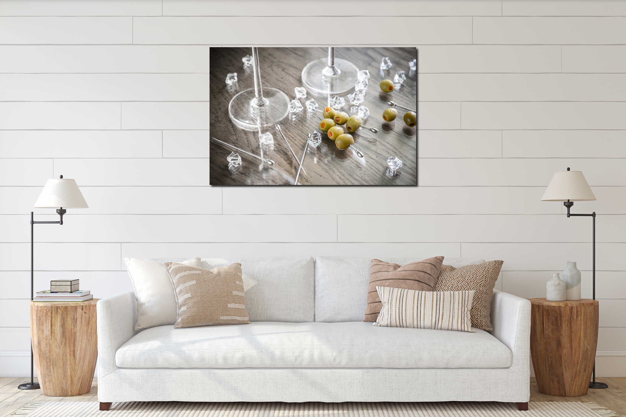 Two martini glasses with olives on martini picks interior mockup