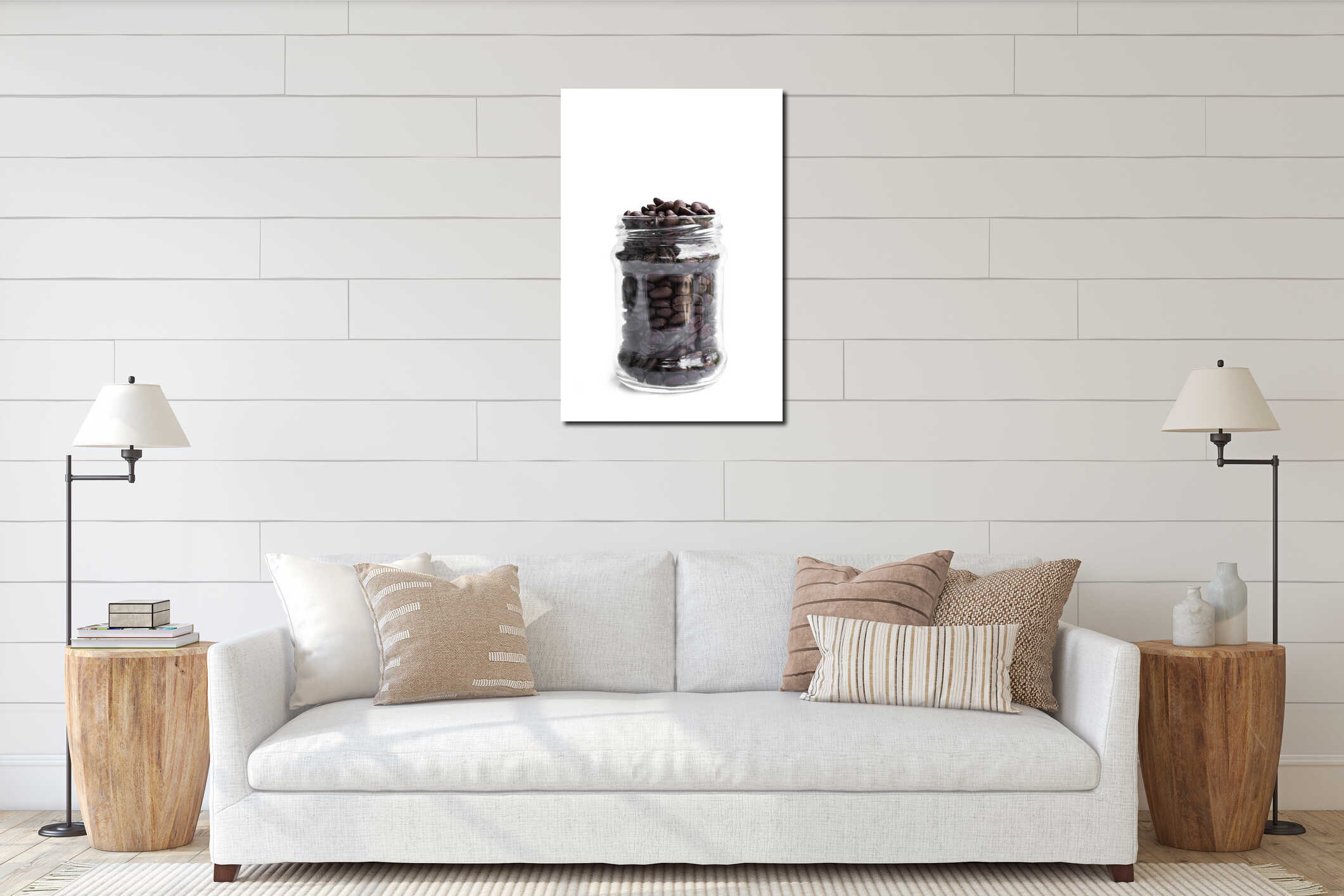 Roasted coffee beans in transparent glass jar interior mockup