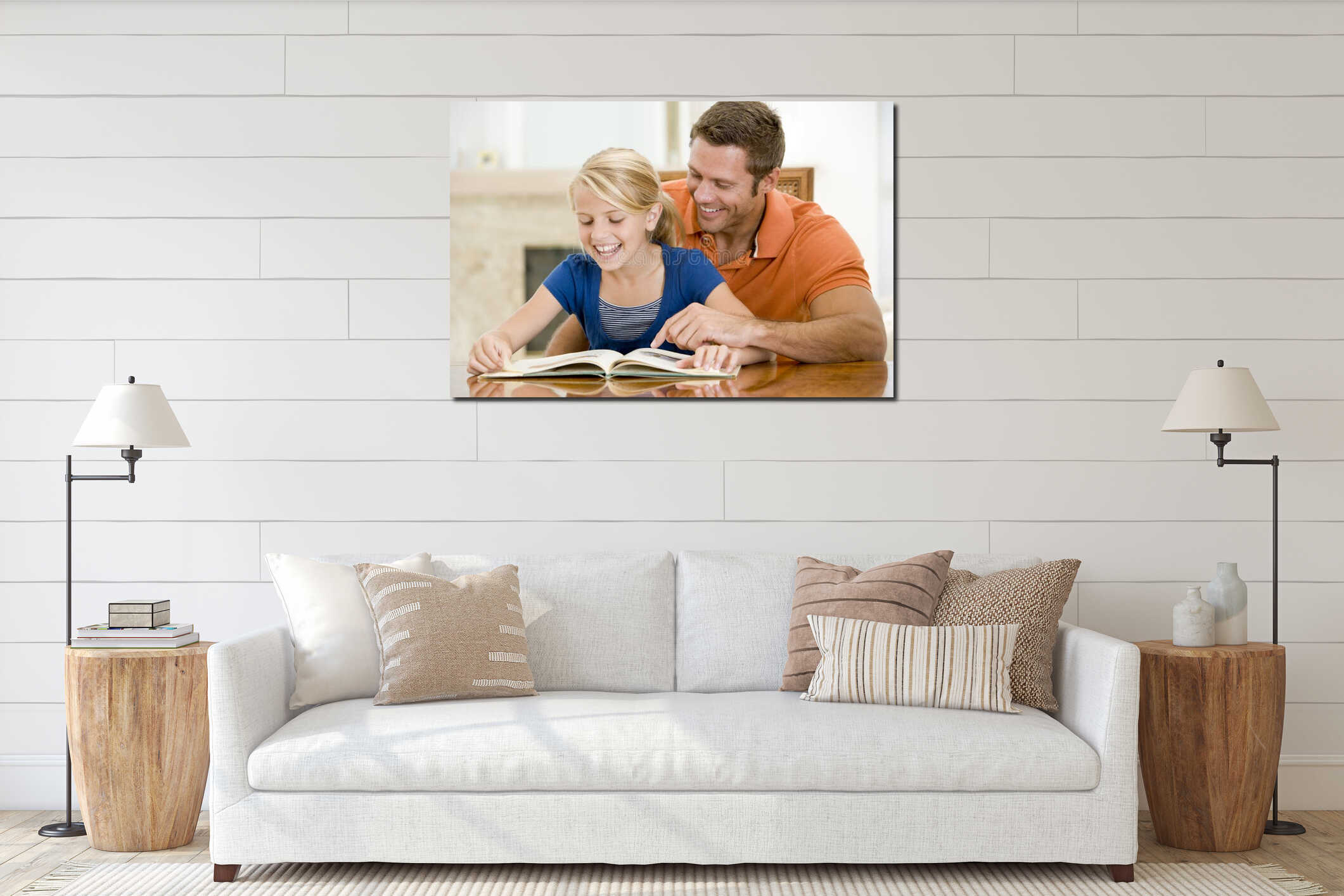 Man and young girl reading book in dining room interior mockup