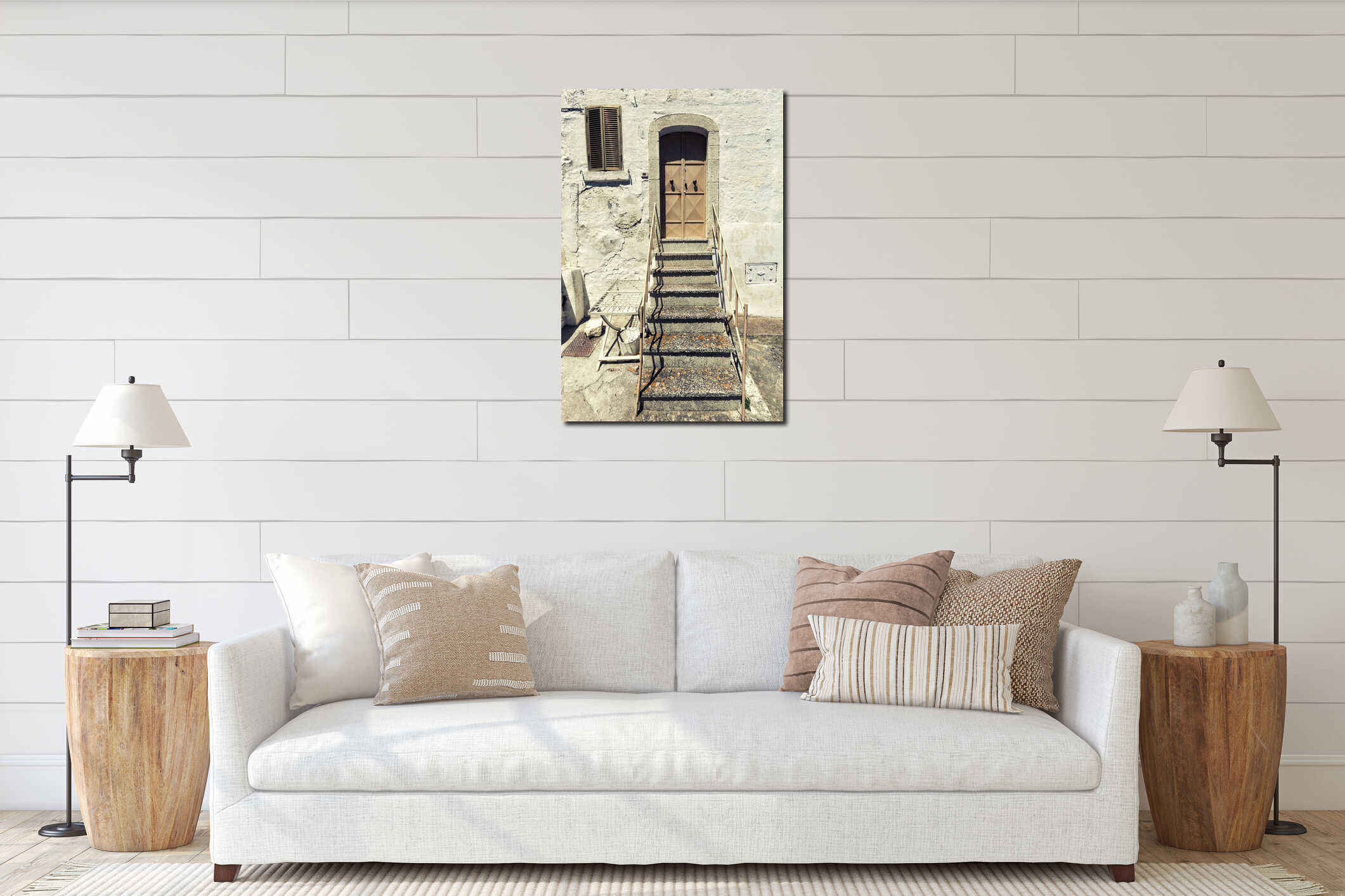 Old house front door and stairs. Vintage Italian scene interior mockup