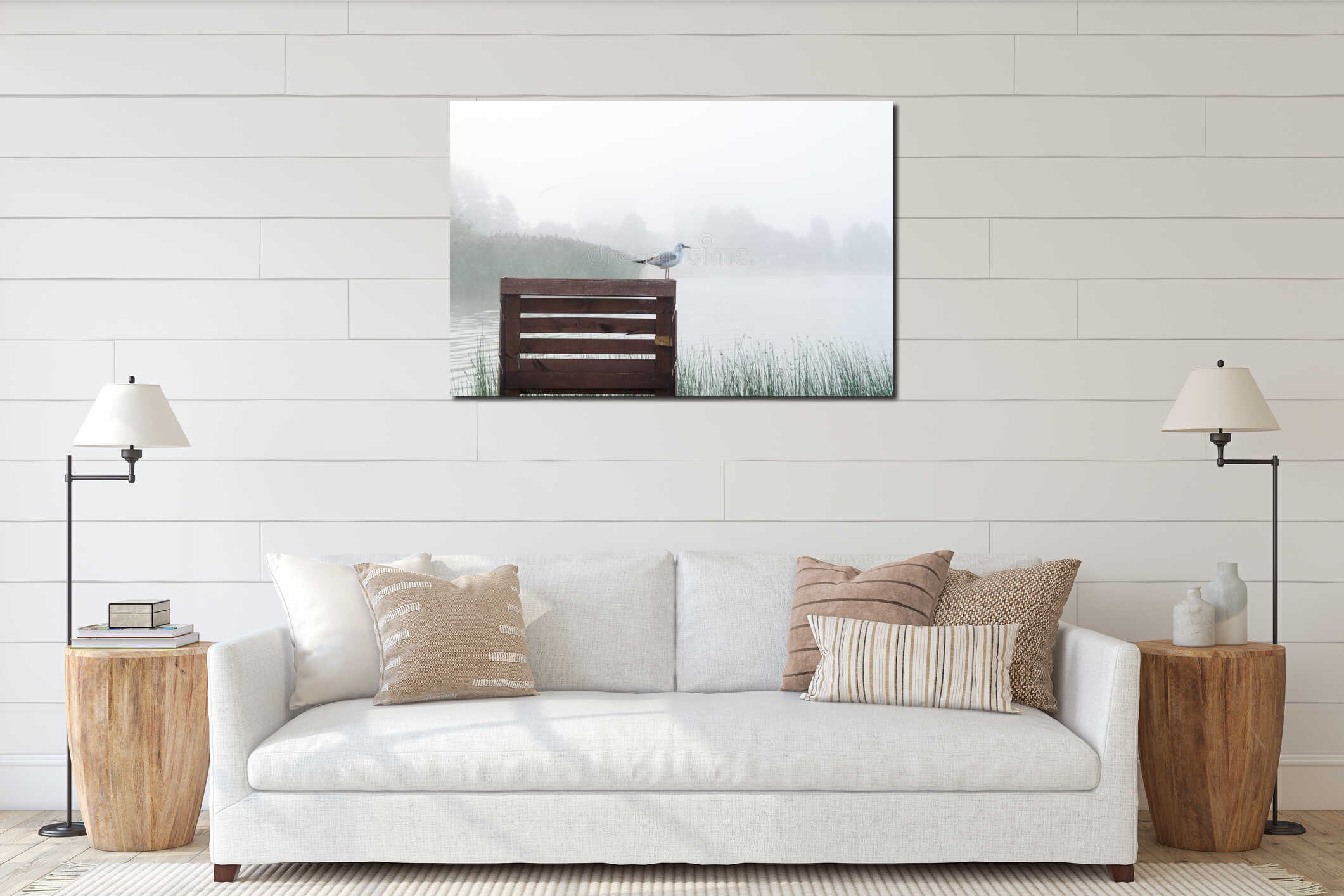 Seagull standing on wooden pier interior mockup