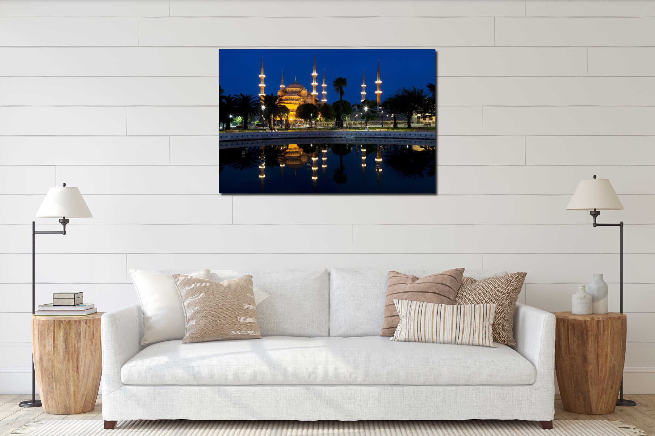 View of the Blue mosque and its reflection in the fountain at night interior mockup