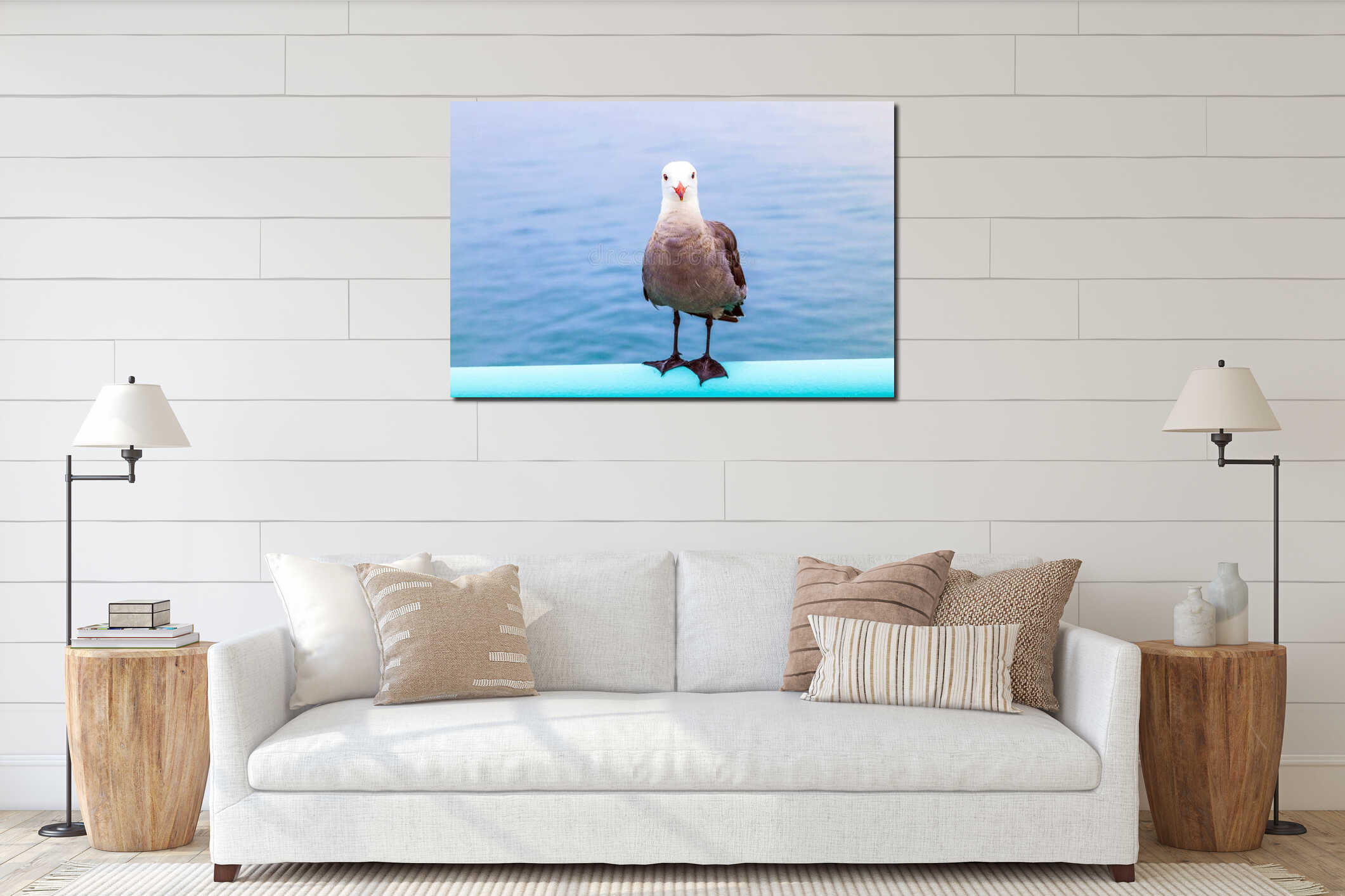 Seagull sitting at the pier interior mockup