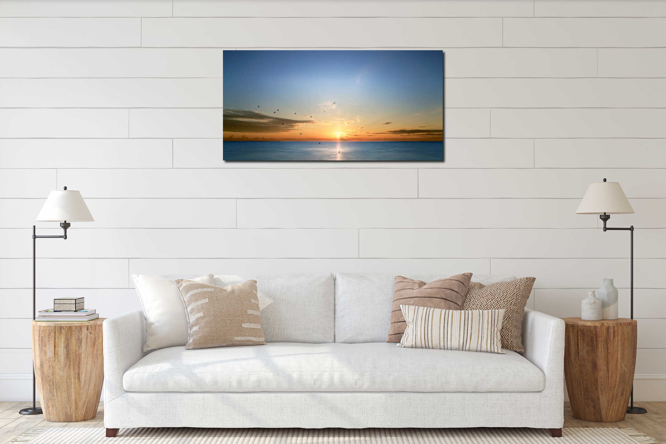 Birds Flying Over The Sea At Sunrise interior mockup