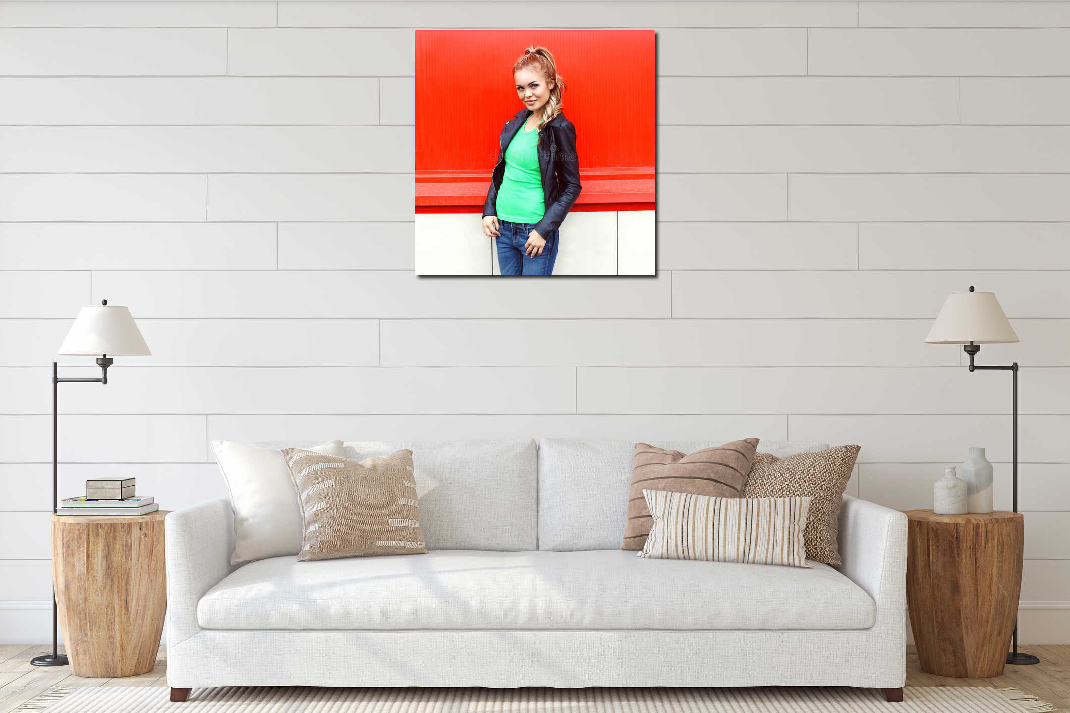 Fashion portrait pretty woman in rock black style interior mockup