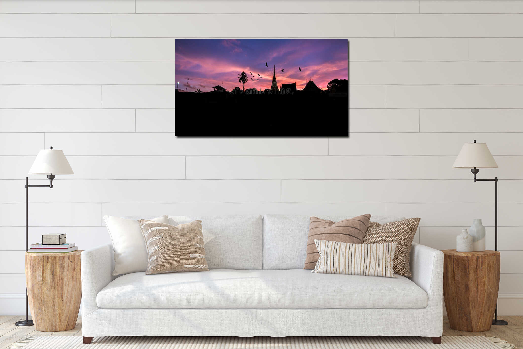 Flying birds and Silhouettes Sunset on the Temple interior mockup