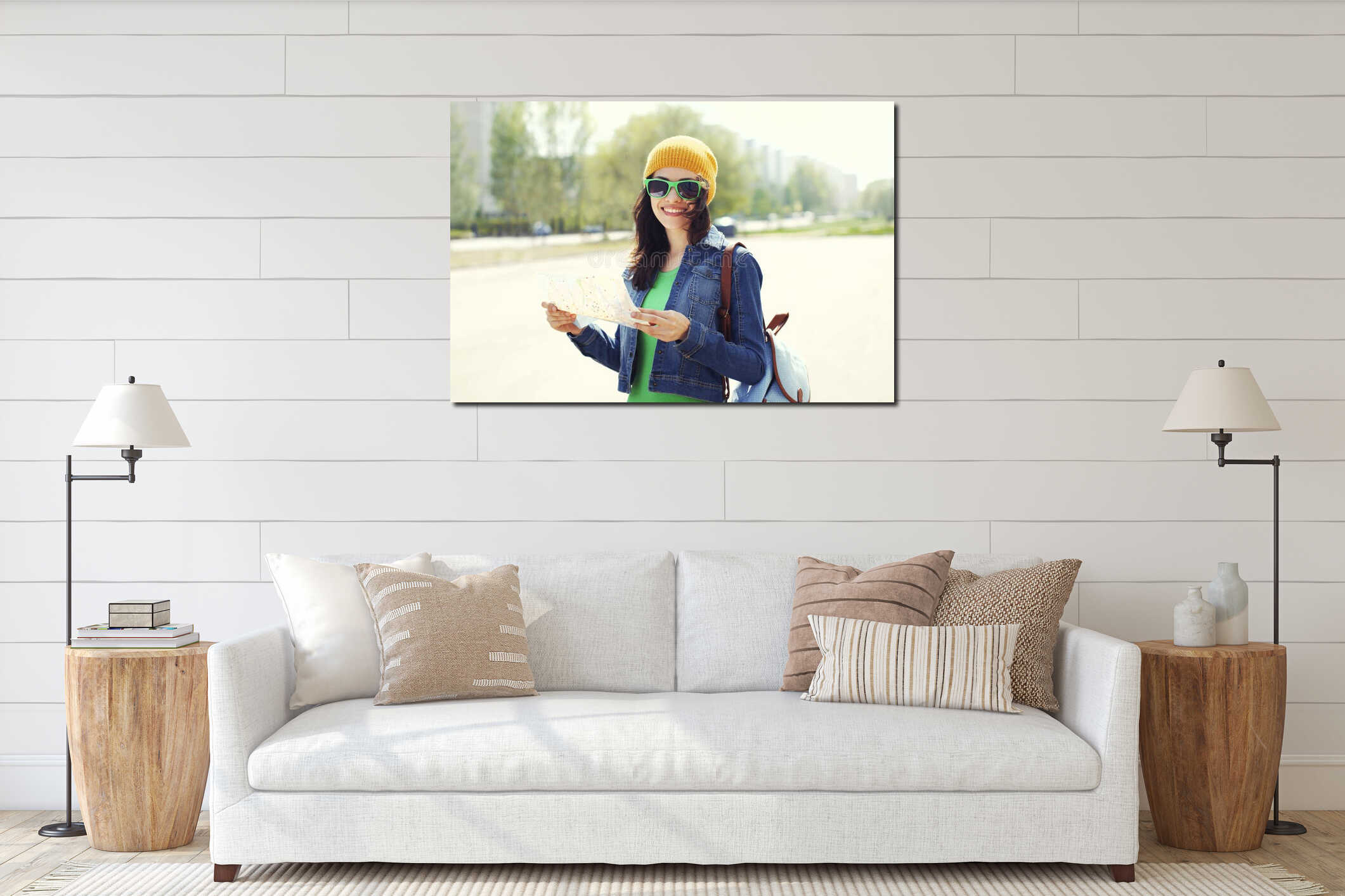 Portrait of smiling woman tourist sightseeing city with map interior mockup