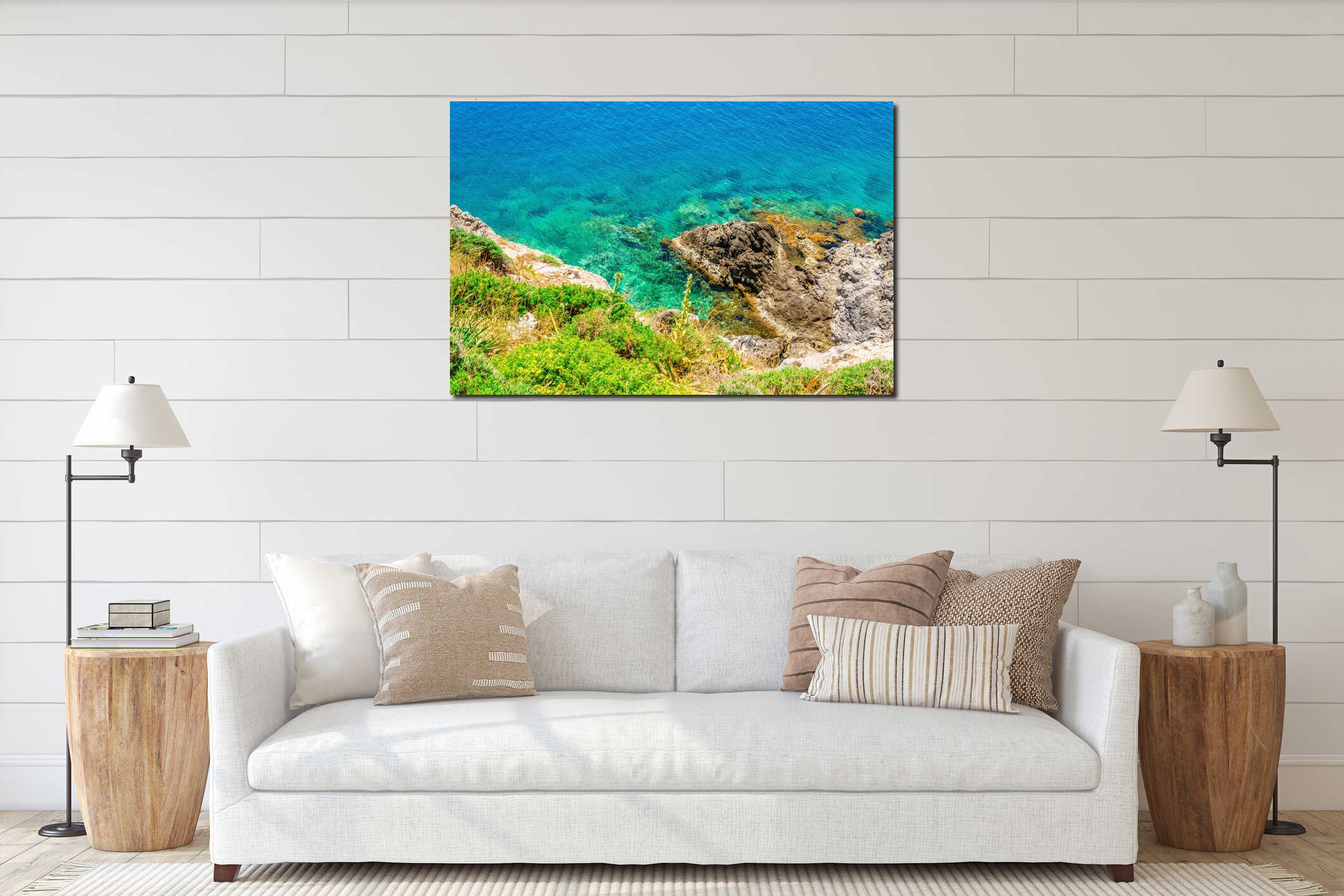 Clear water sea bay and green coast, Greece interior mockup
