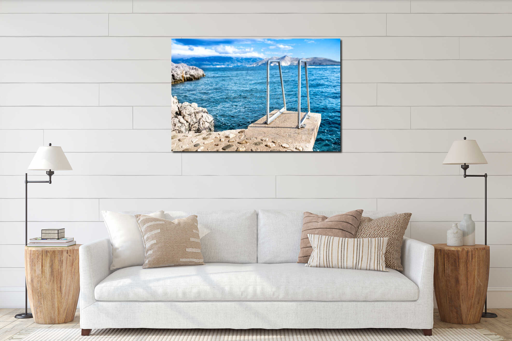 Blue sky and clear water, sea horizon and rocks on island wallpaper interior mockup