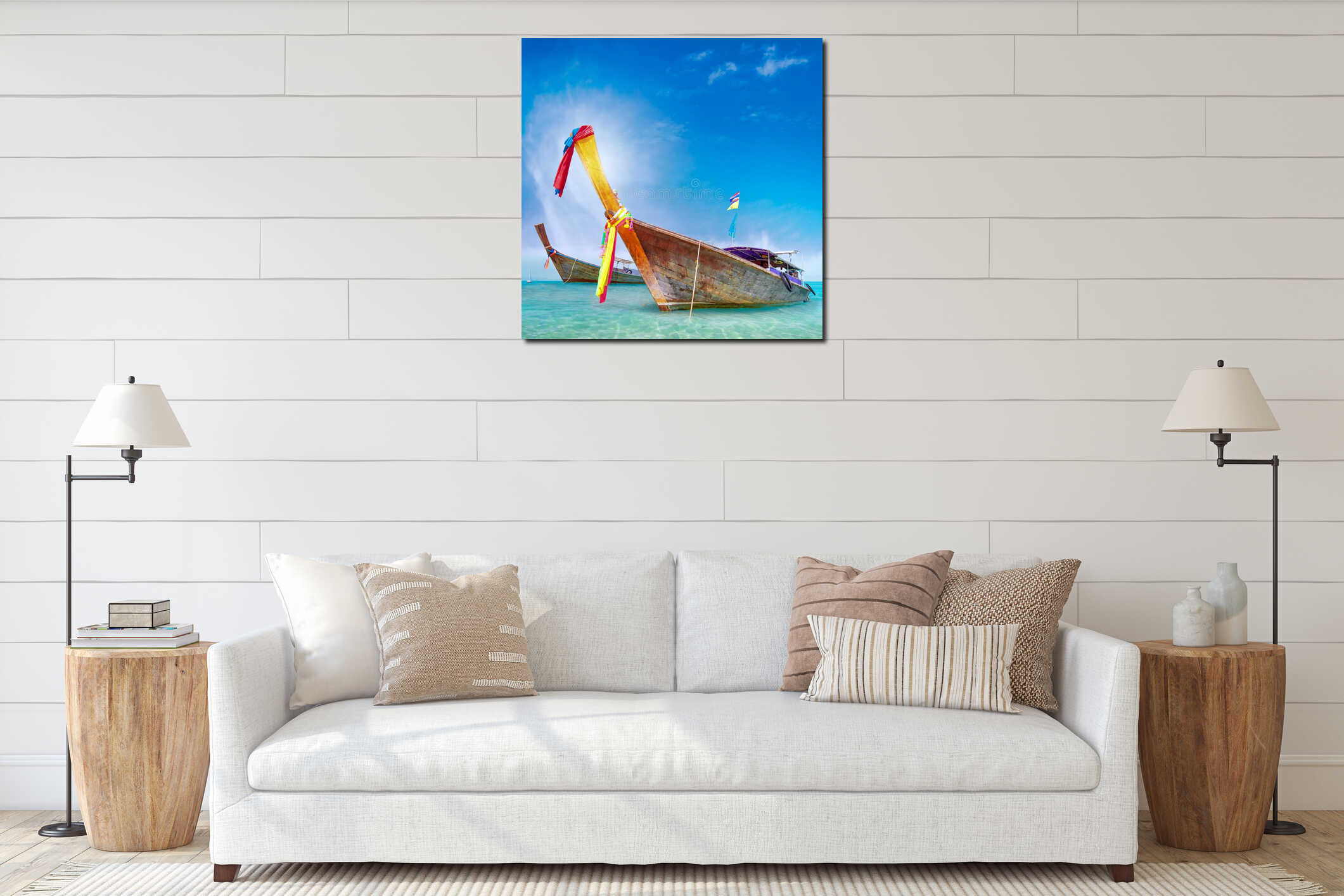 Traditional wooden boat in Thailand near Phuket island interior mockup