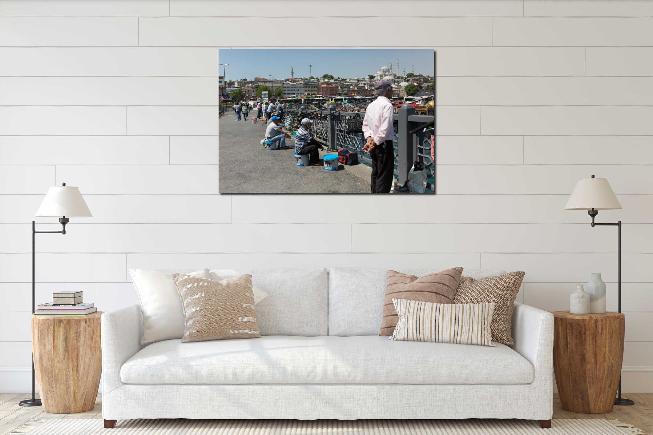 Turkish fishermen fishing on Galata Bridge interior mockup