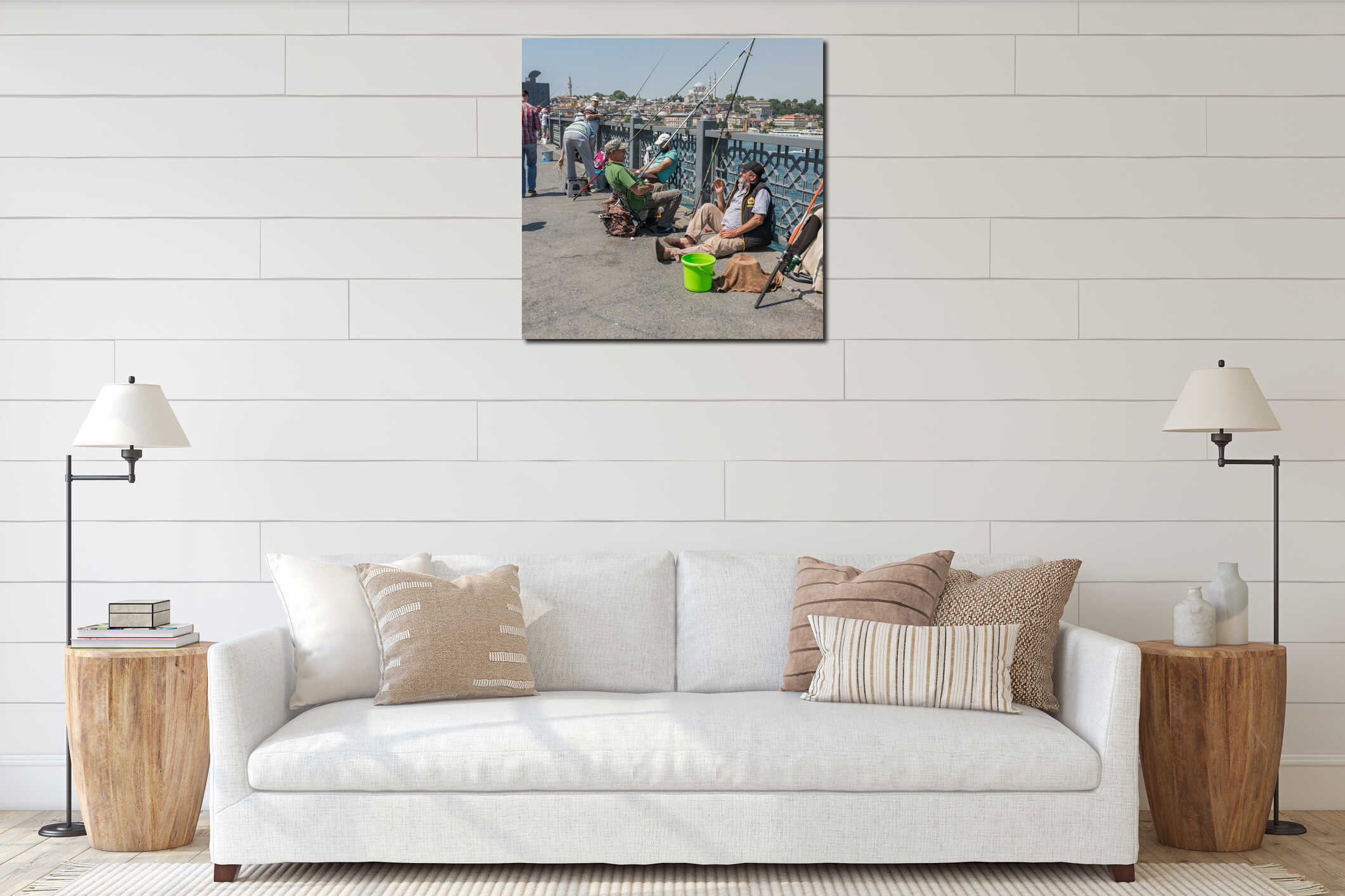 Turkish fishermen fishing on Galata Bridge interior mockup