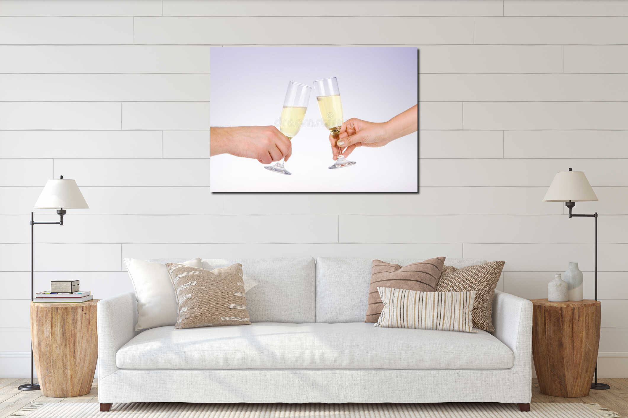 Two people toasting with wine glasses interior mockup