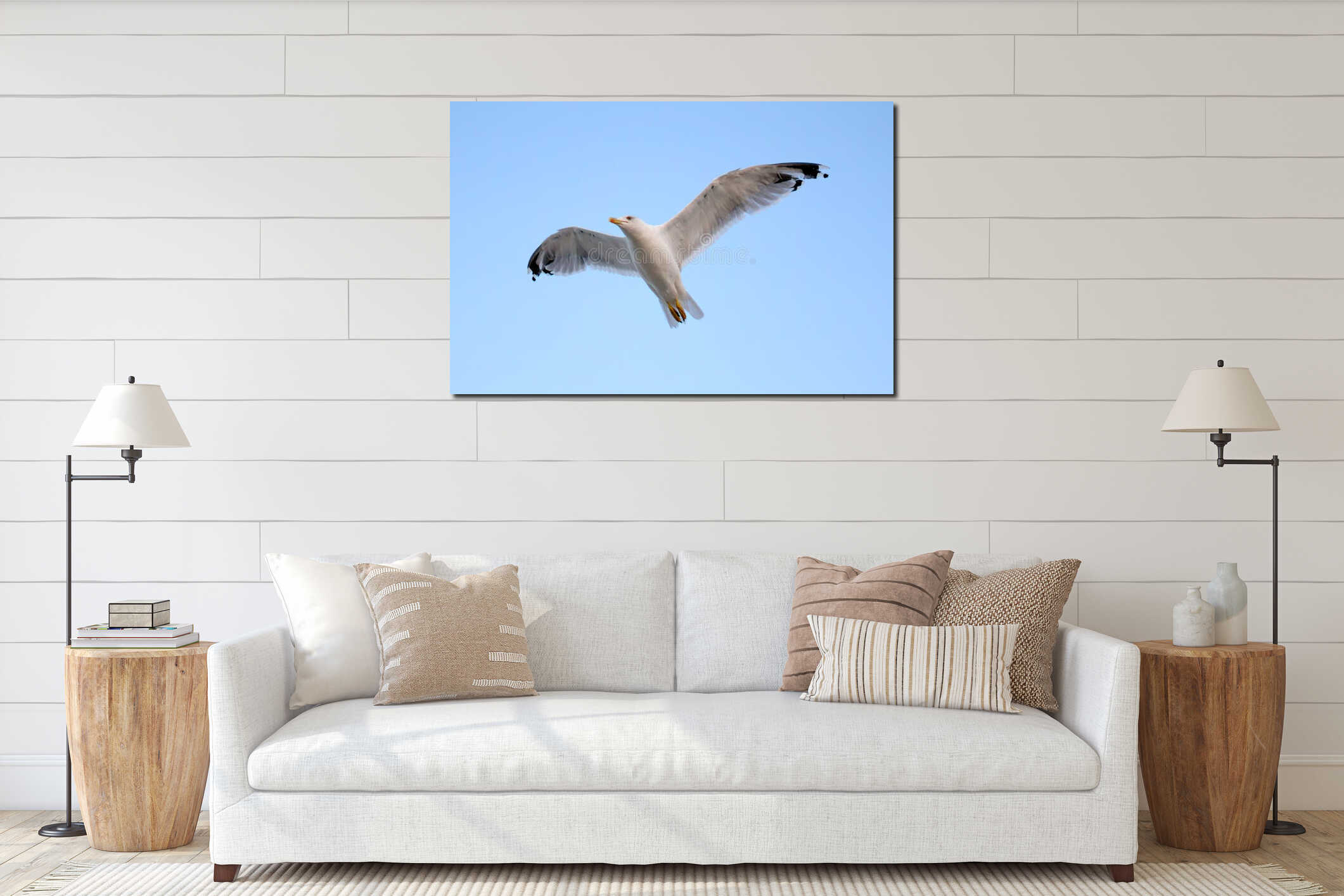 Young seagull flying interior mockup