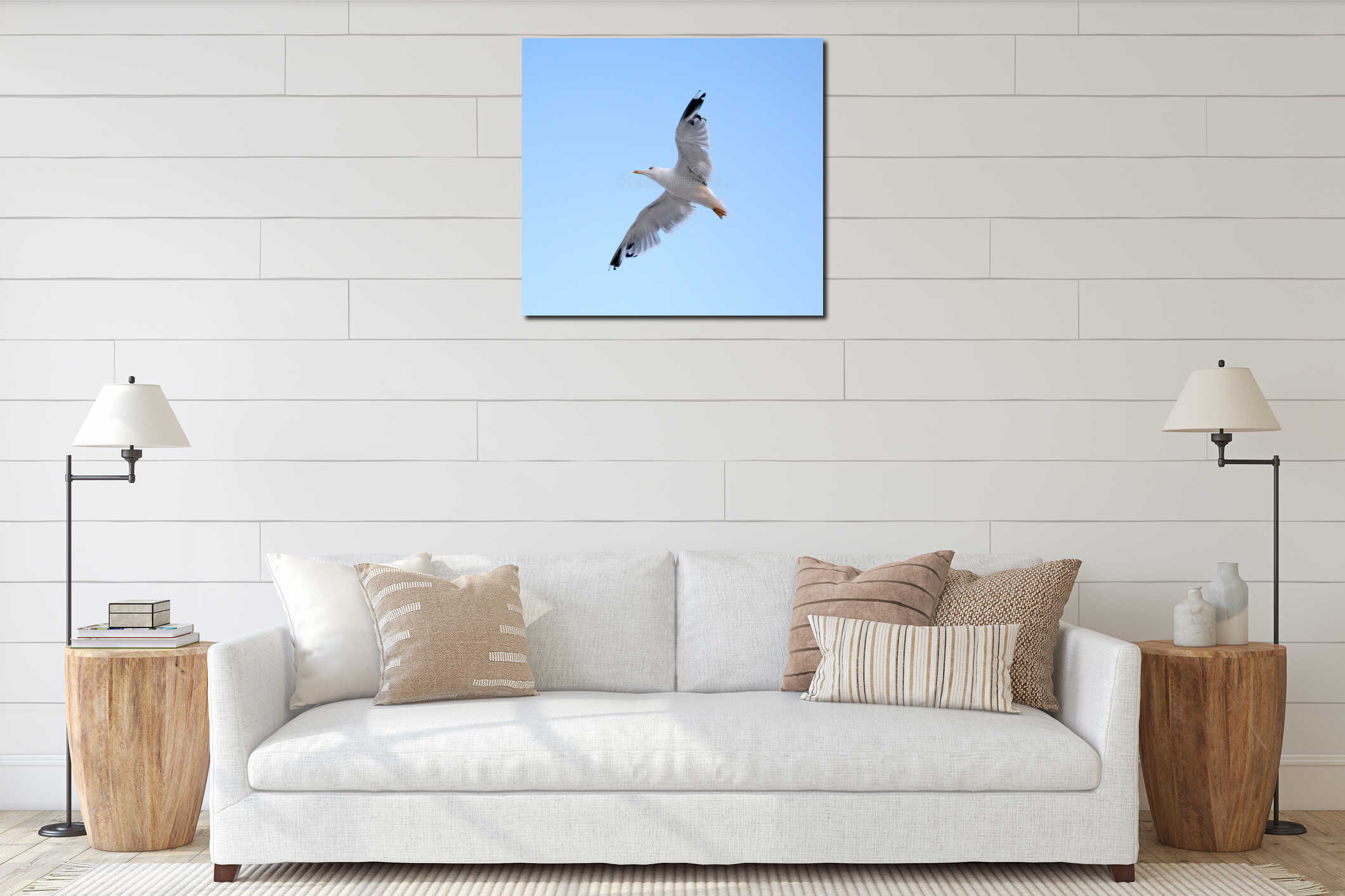 Young seagull flying interior mockup