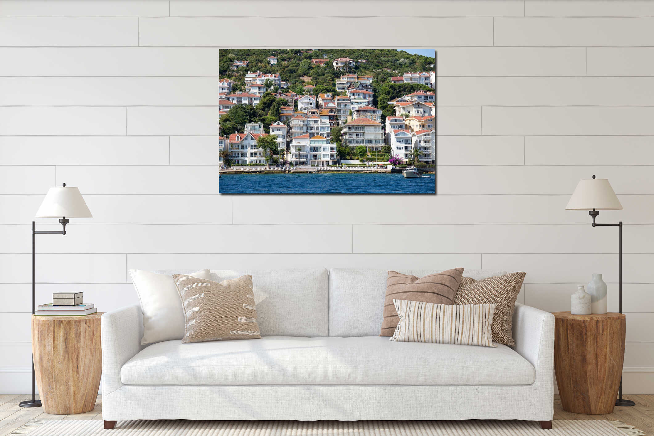 View of Princes Islands of Kinaliada hillside with luxury residential housing on coast, Turkey interior mockup