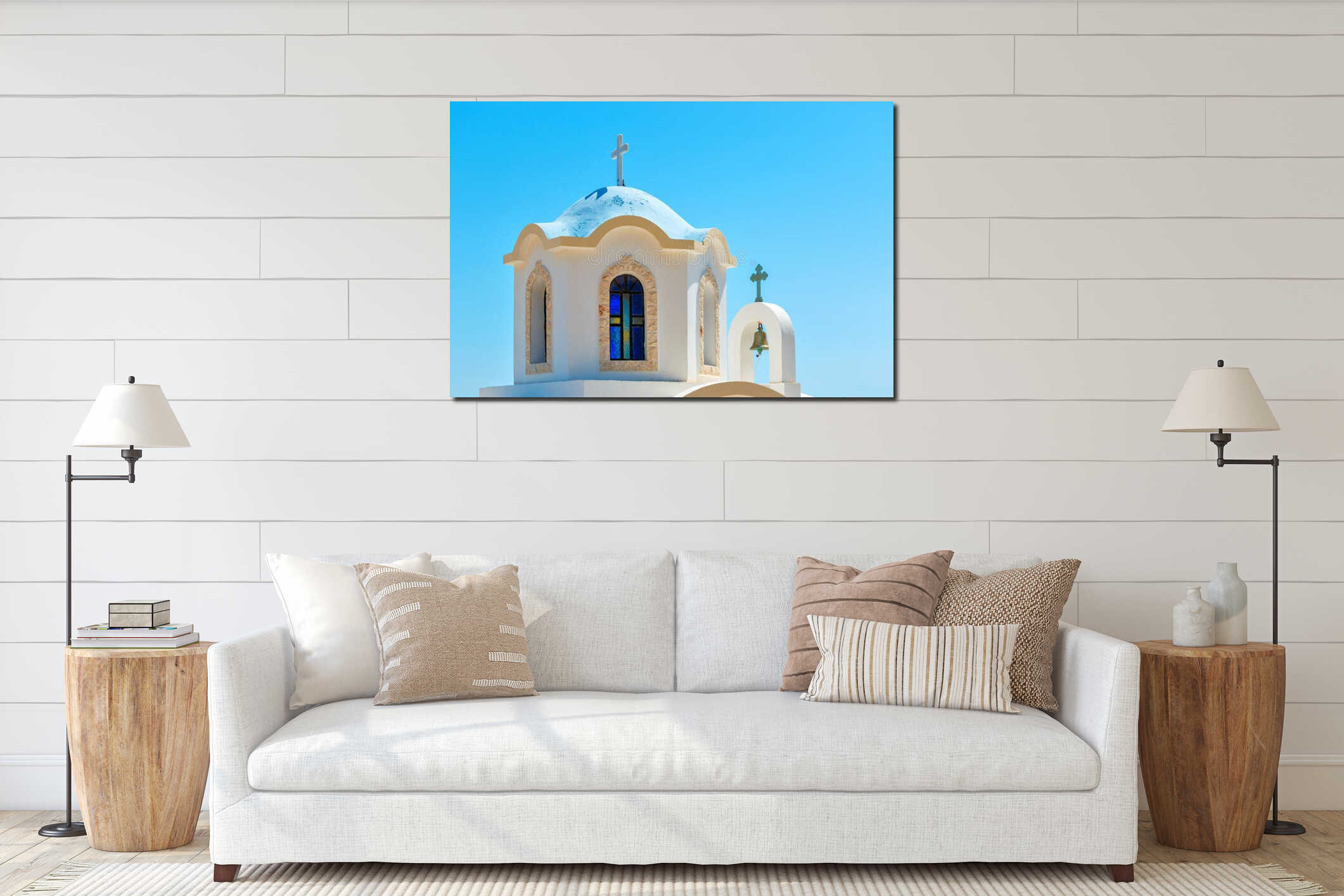 Small Greek church with blue dome interior mockup