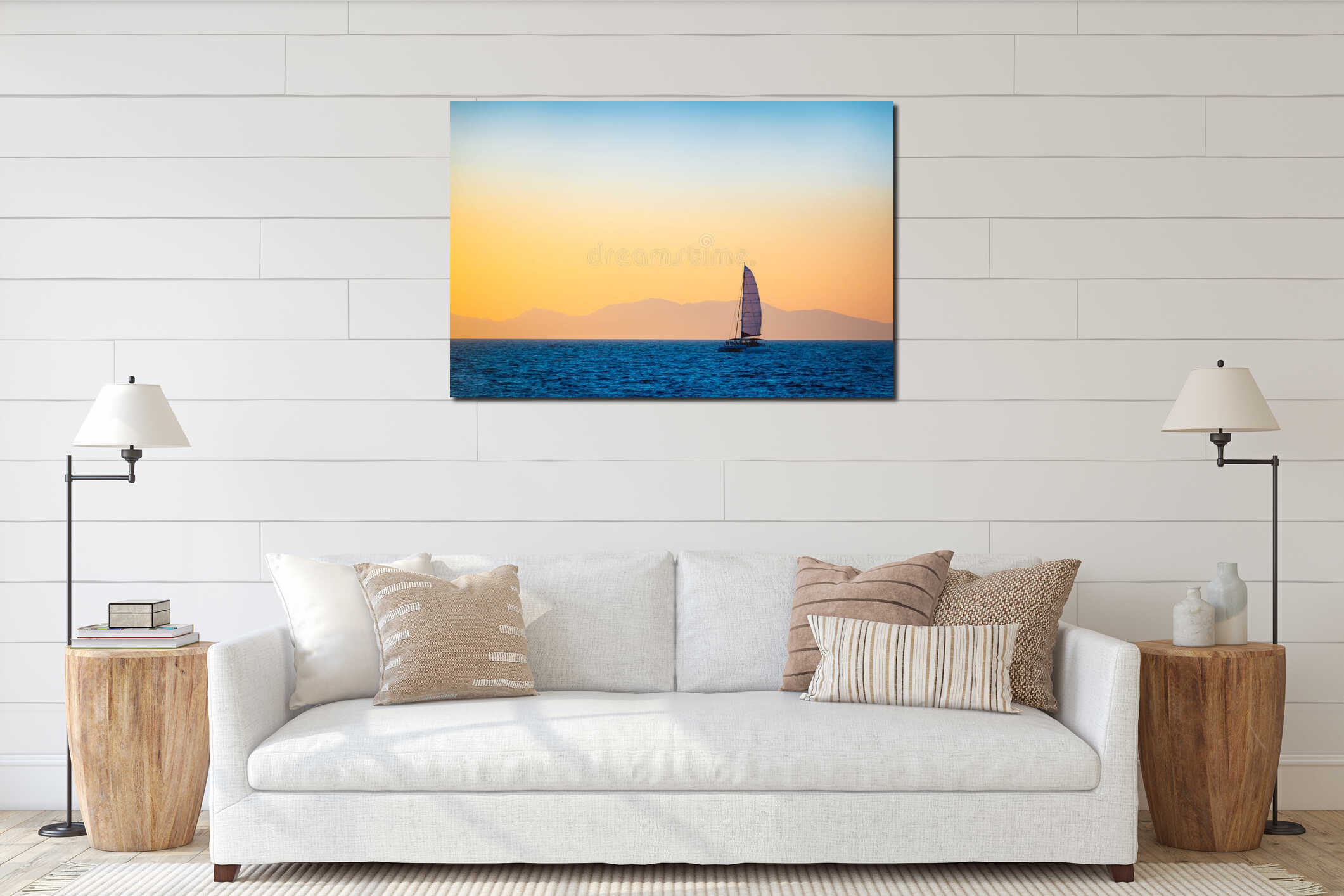 Sailing boat on the evening sea interior mockup
