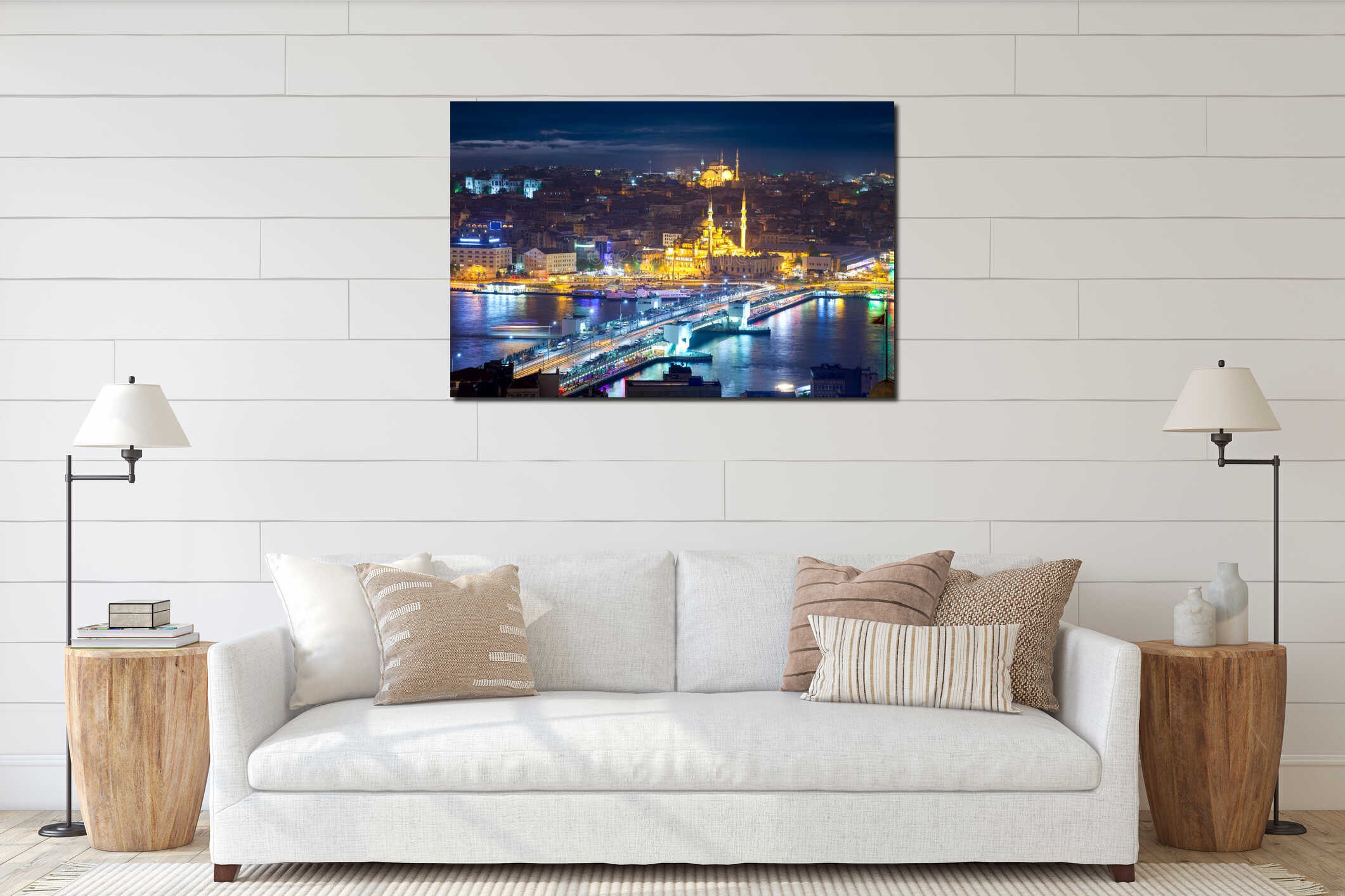 Panorama of the famous places of Istanbul at night interior mockup