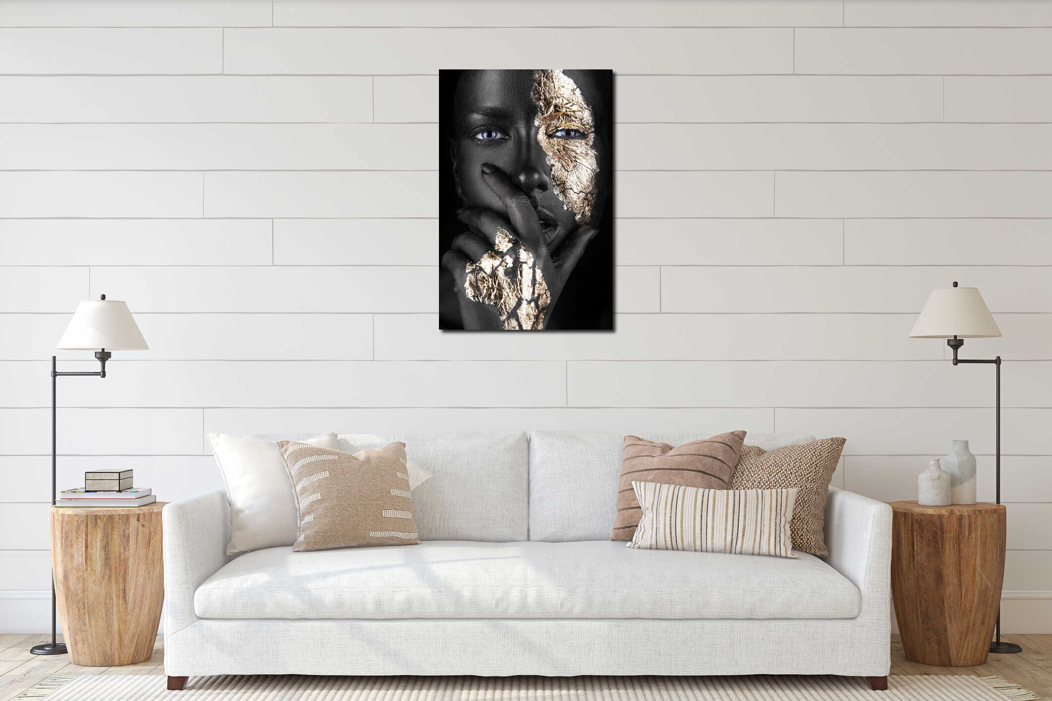 Fashion portrait of a dark-skinned girl with gold interior mockup