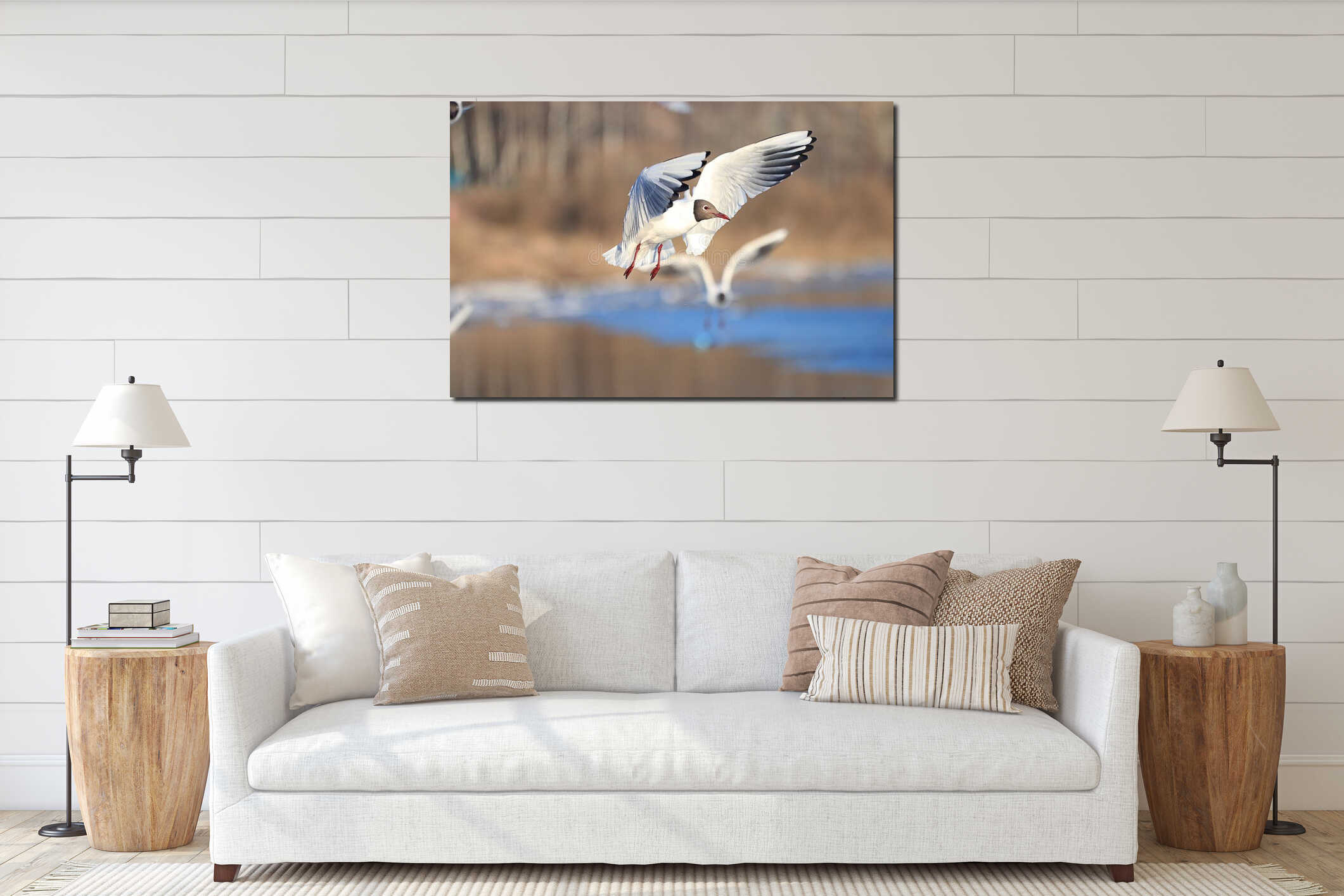 Seagull flying above water interior mockup