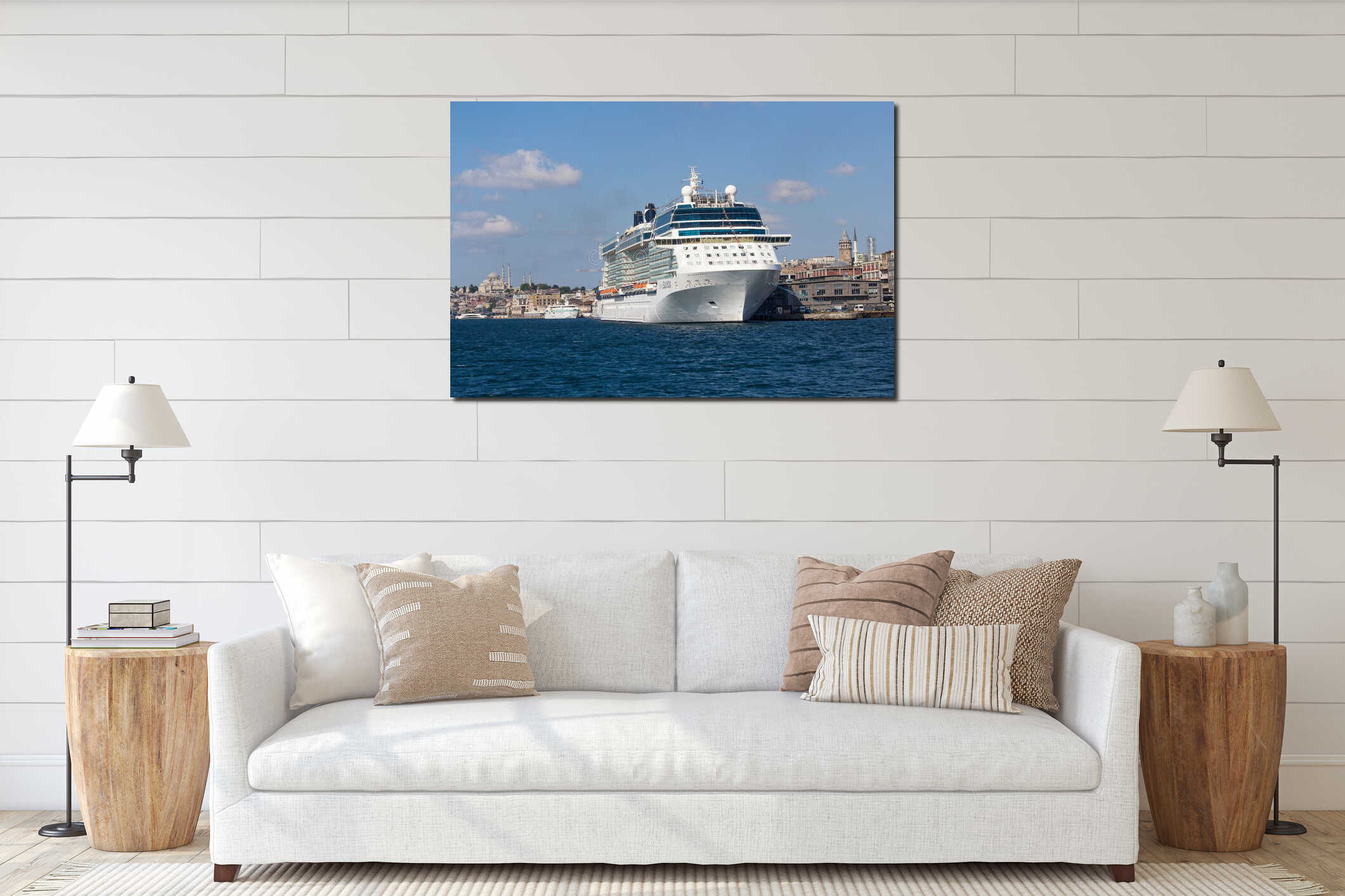 Cruise ship, Galata Tower and water Golden Horn bay. Istanbul, Turkey interior mockup