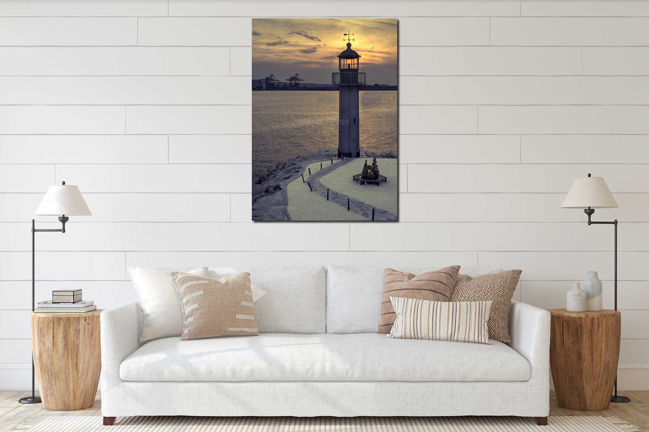 Port, lighthouse, sunset and two lovely birds. interior mockup