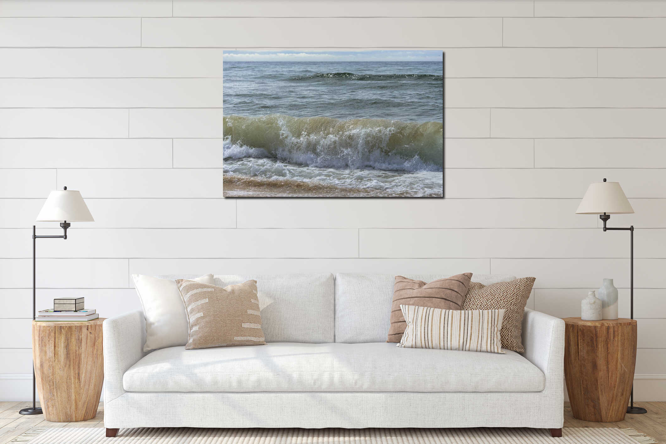 Stormy weather, sea wave. interior mockup