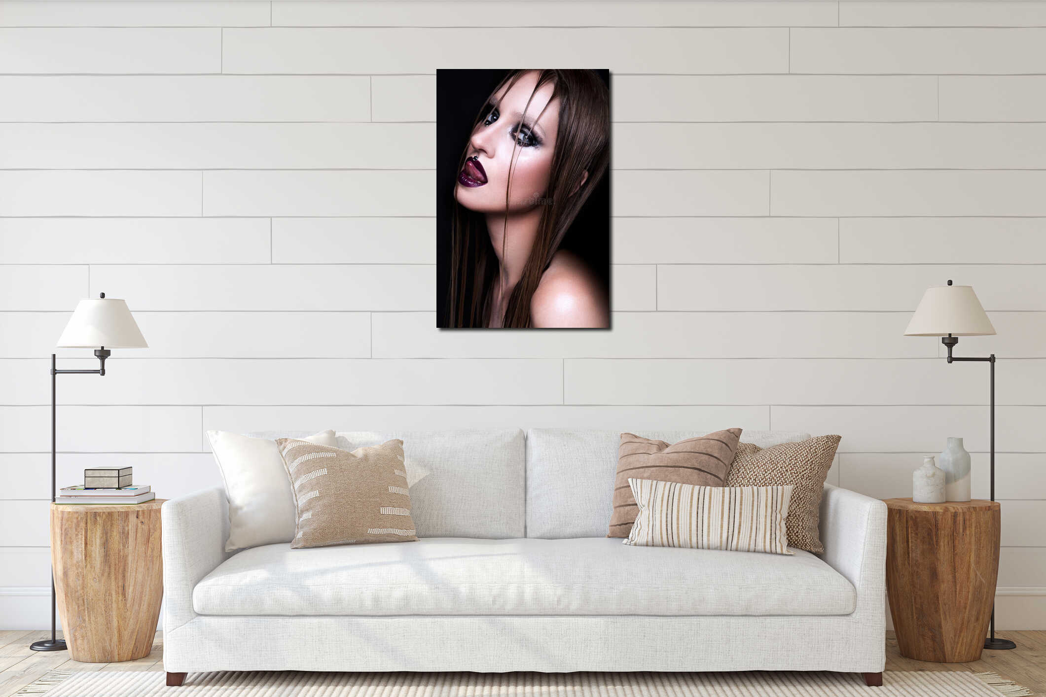 Portrait of gothic girl with blue eyes in dark interior mockup