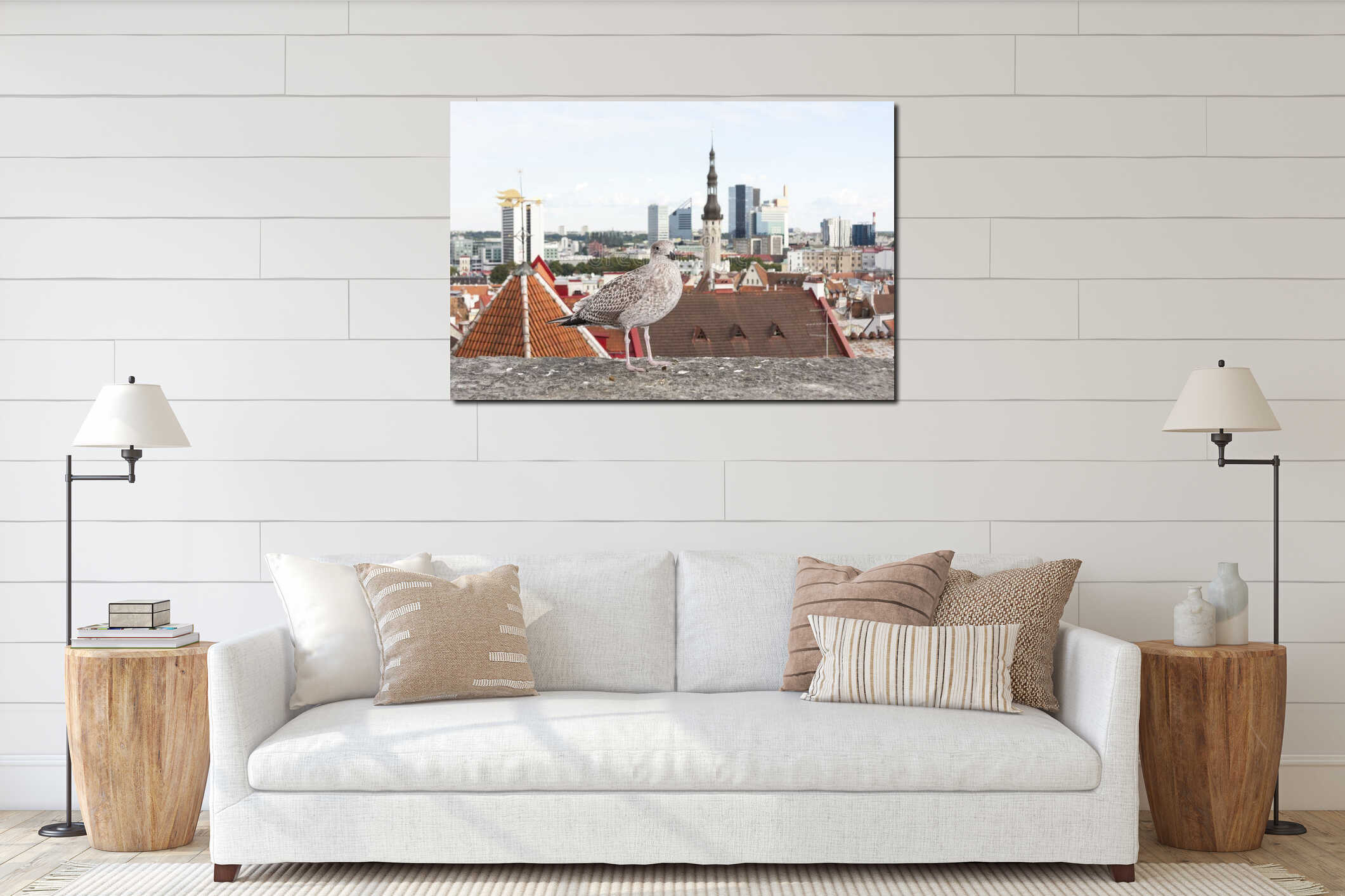 Seagull in front of Tallinn panorama interior mockup