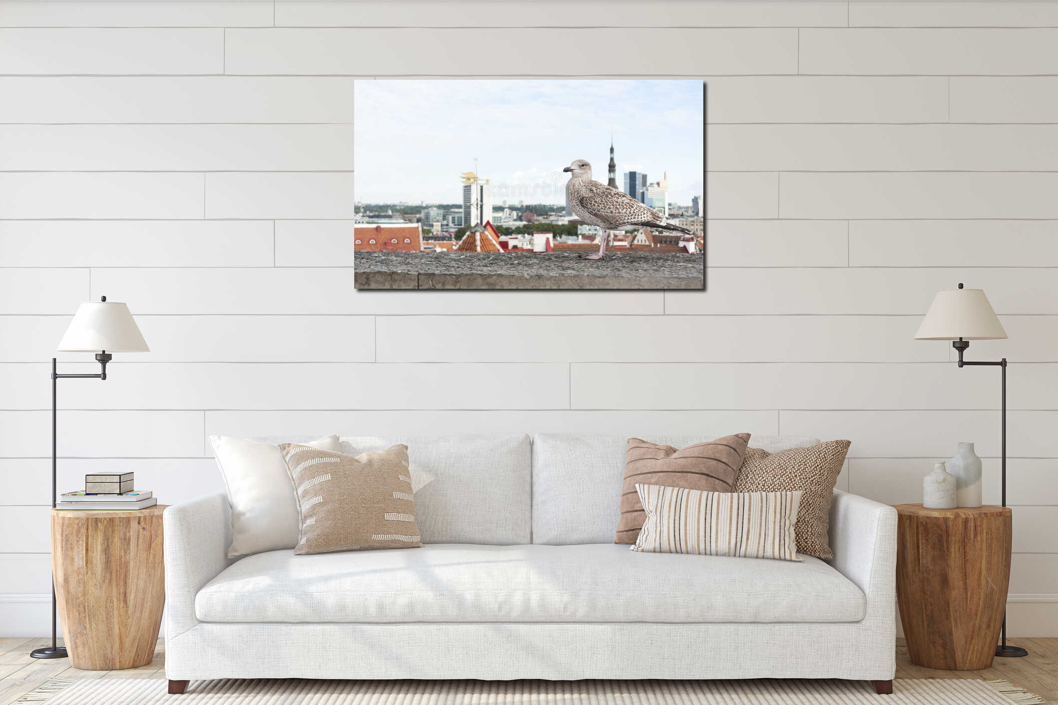Seagull in front of Tallinn panorama interior mockup