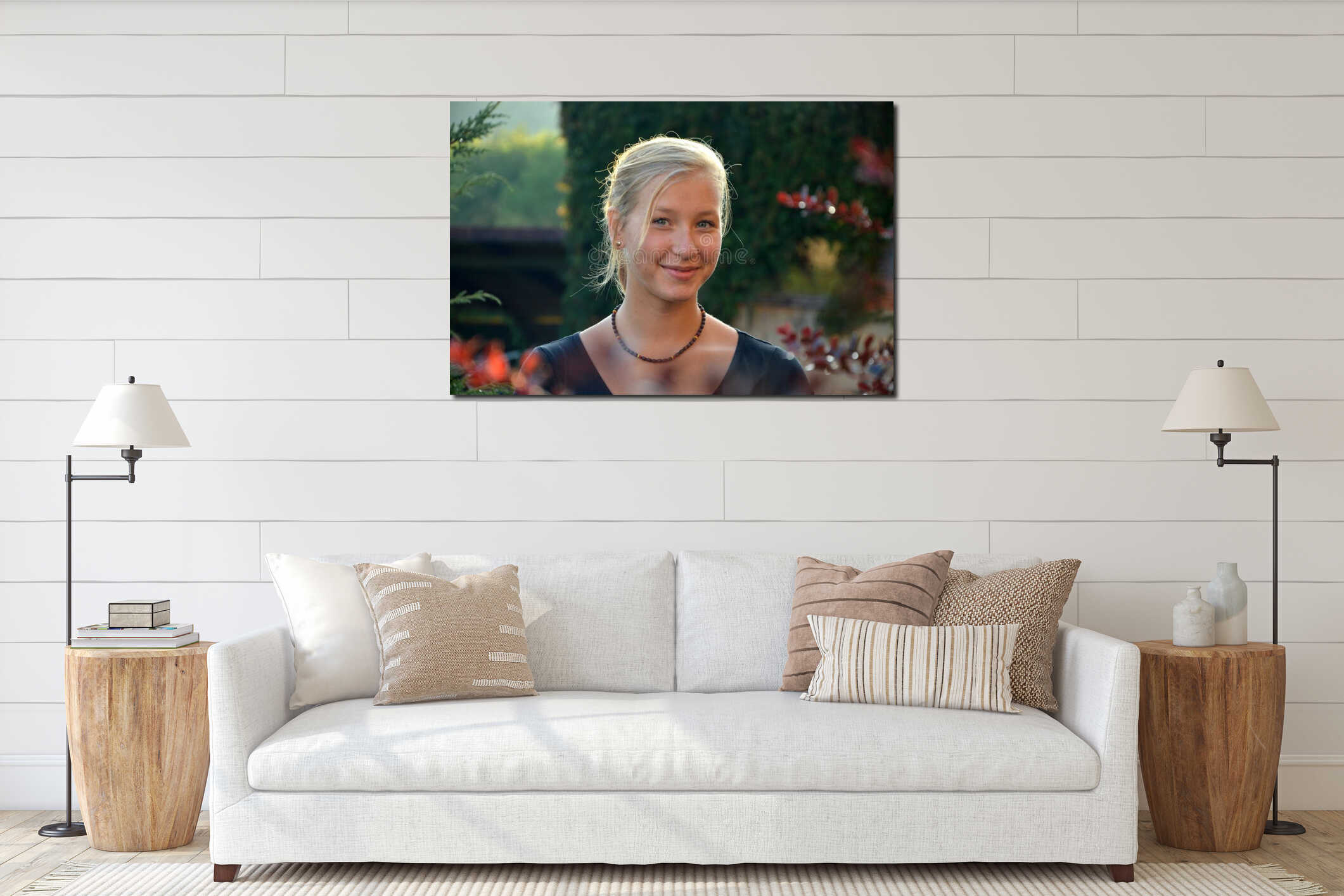 Sunny portrait of cheerful blonde girl interior mockup