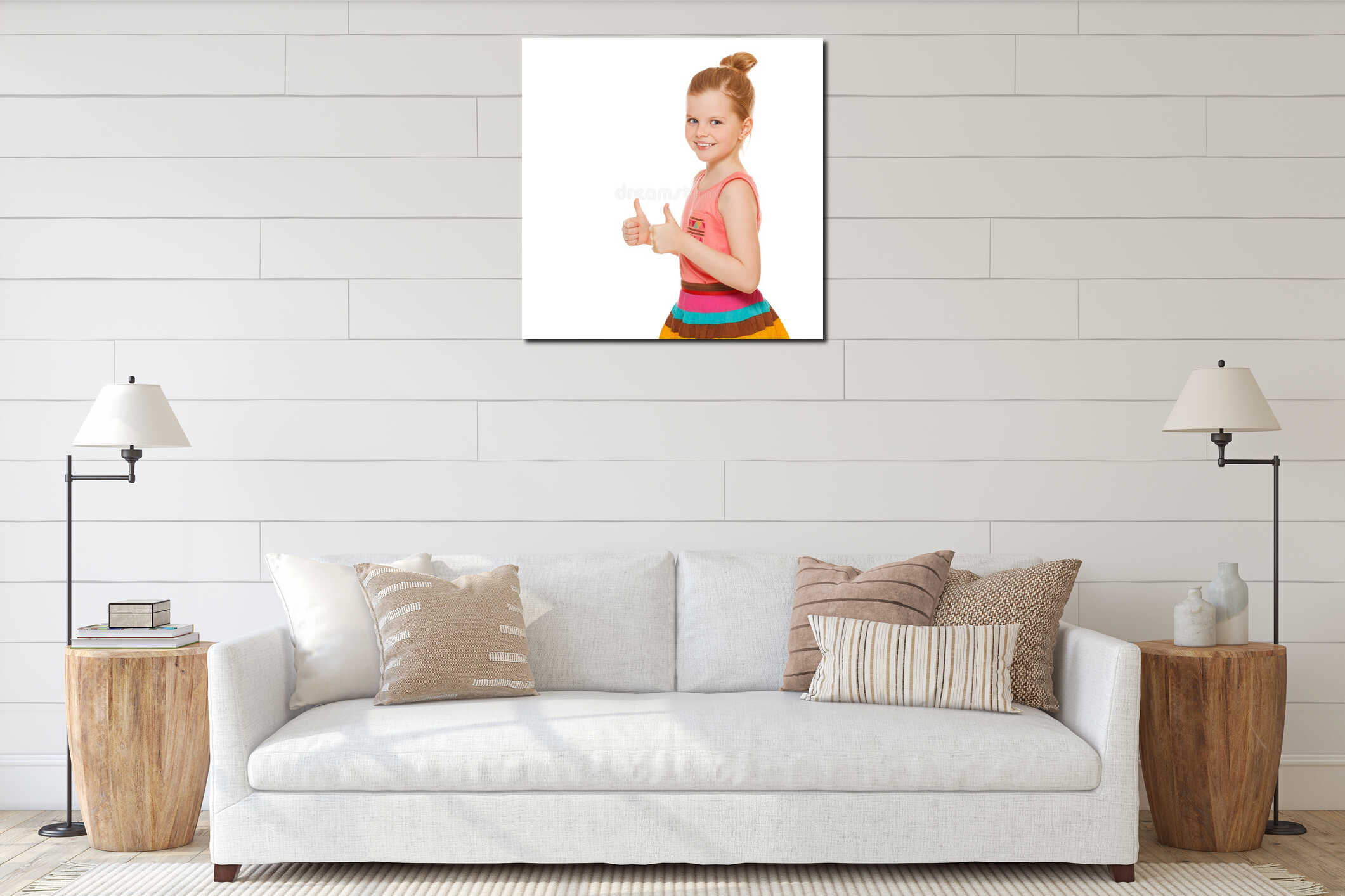 Happy joyful little girl smiling showing thumbs up, isolated on white background interior mockup