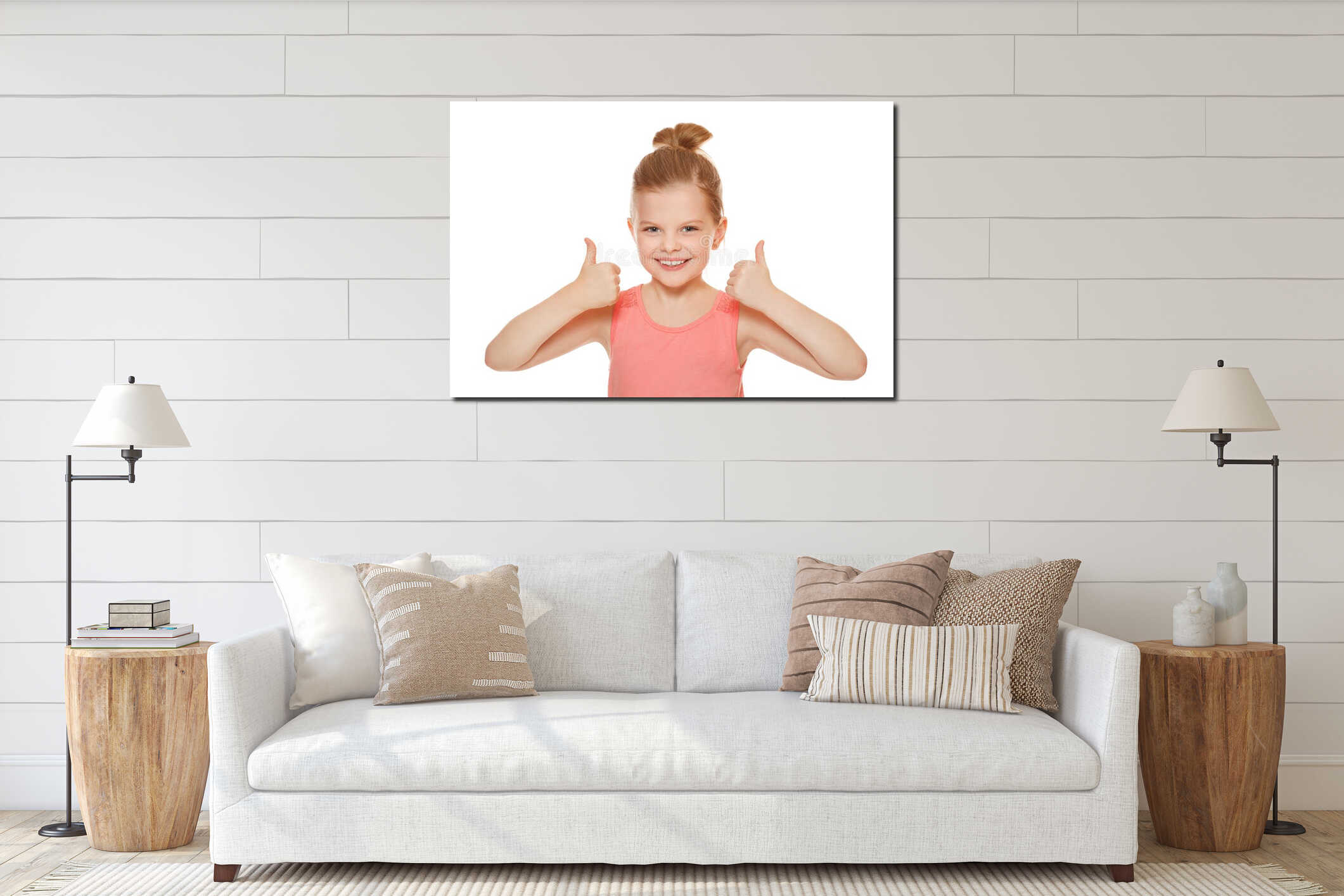 Happy joyful little girl smiling showing thumbs up, isolated on white background interior mockup