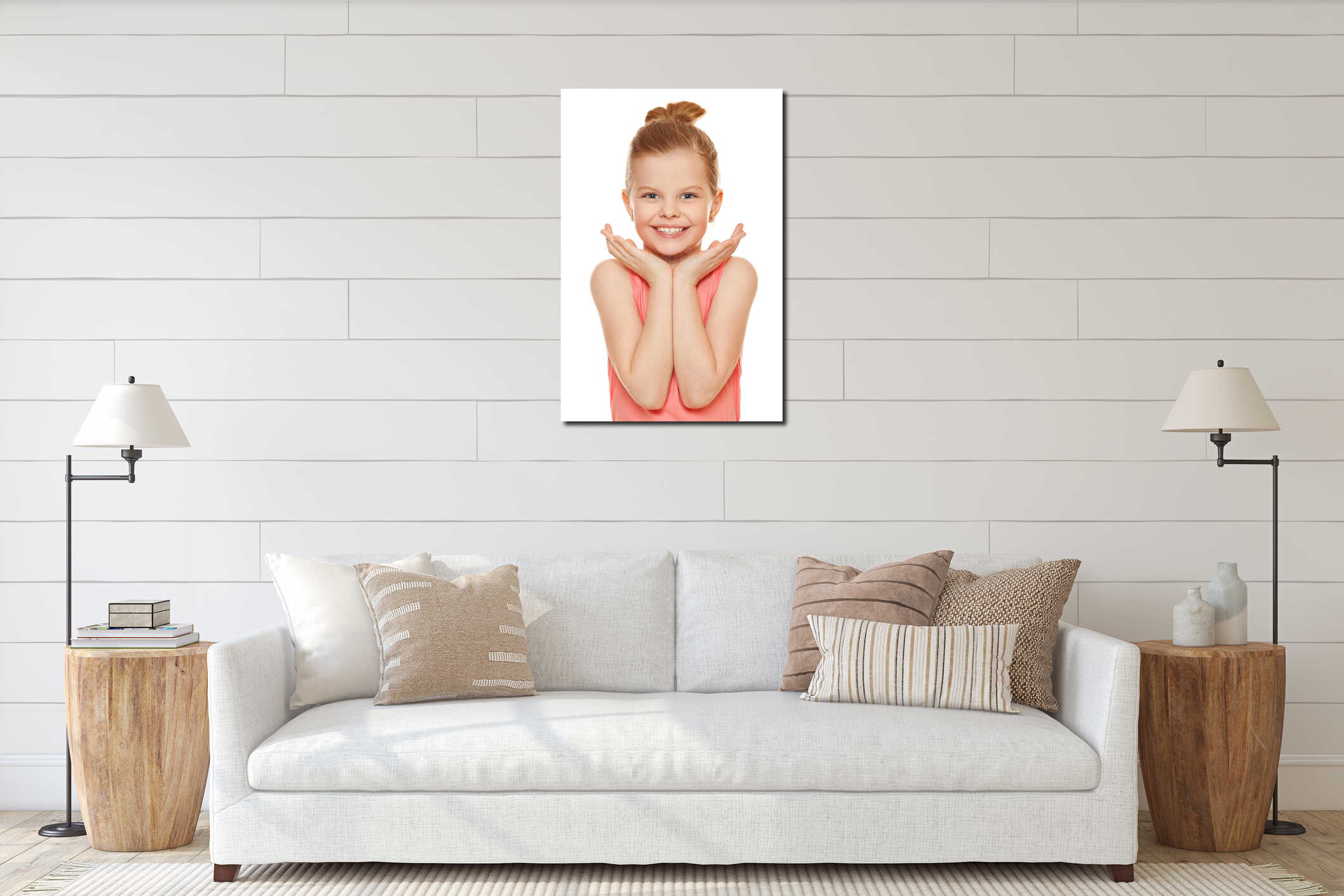 Happy joyful little girl smiling with hands near face, isolated on white background interior mockup